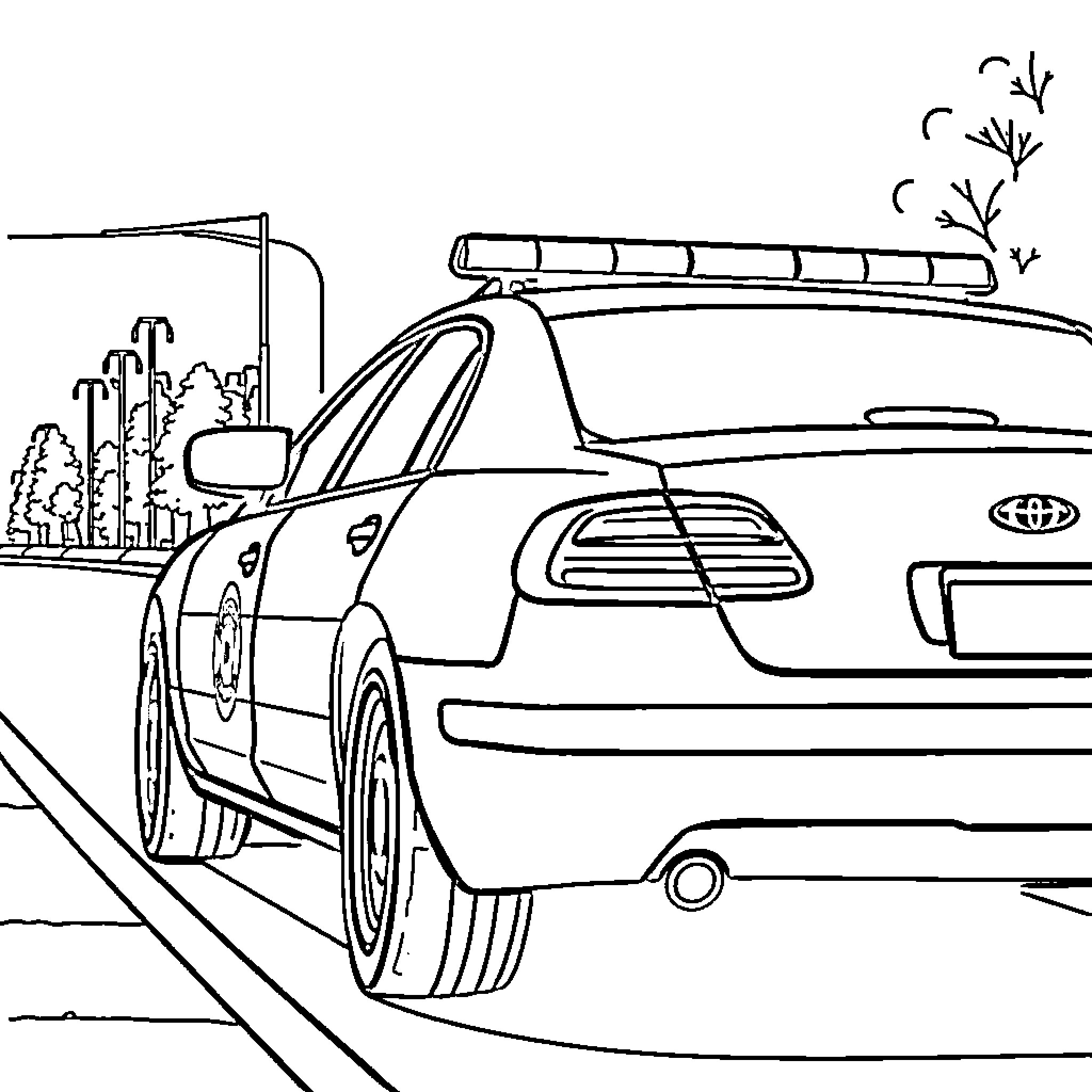 Police Car Speeding Down the City Street Coloring Page (free black-and-white line drawing printable PDF for all, from beginners to advanced learners, including children, teens, adults, and seniors)