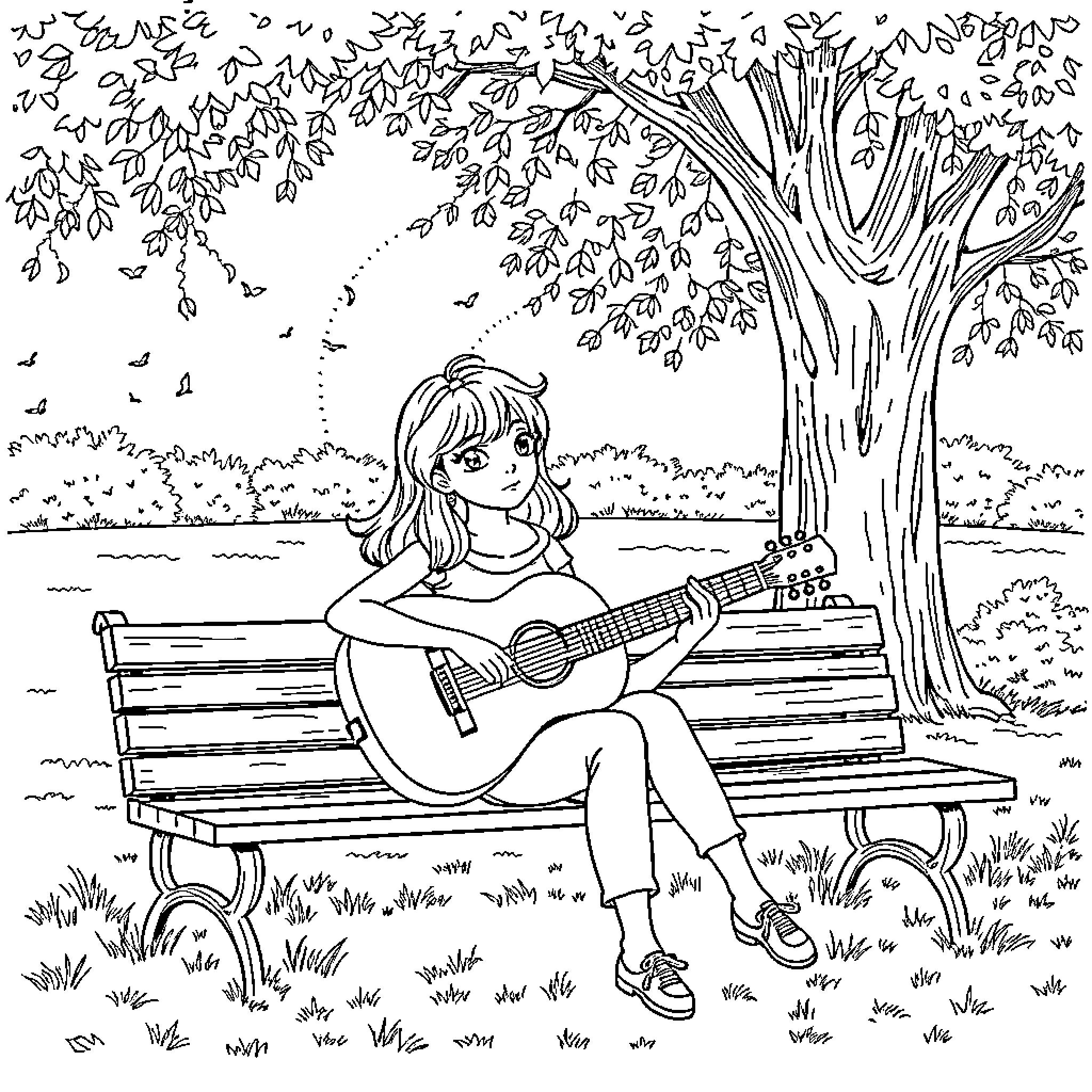 Mira playing guitar on a park bench Coloring Page (free black-and-white line drawing printable PDF for all, from beginners to advanced learners, including children, teens, adults, and seniors)