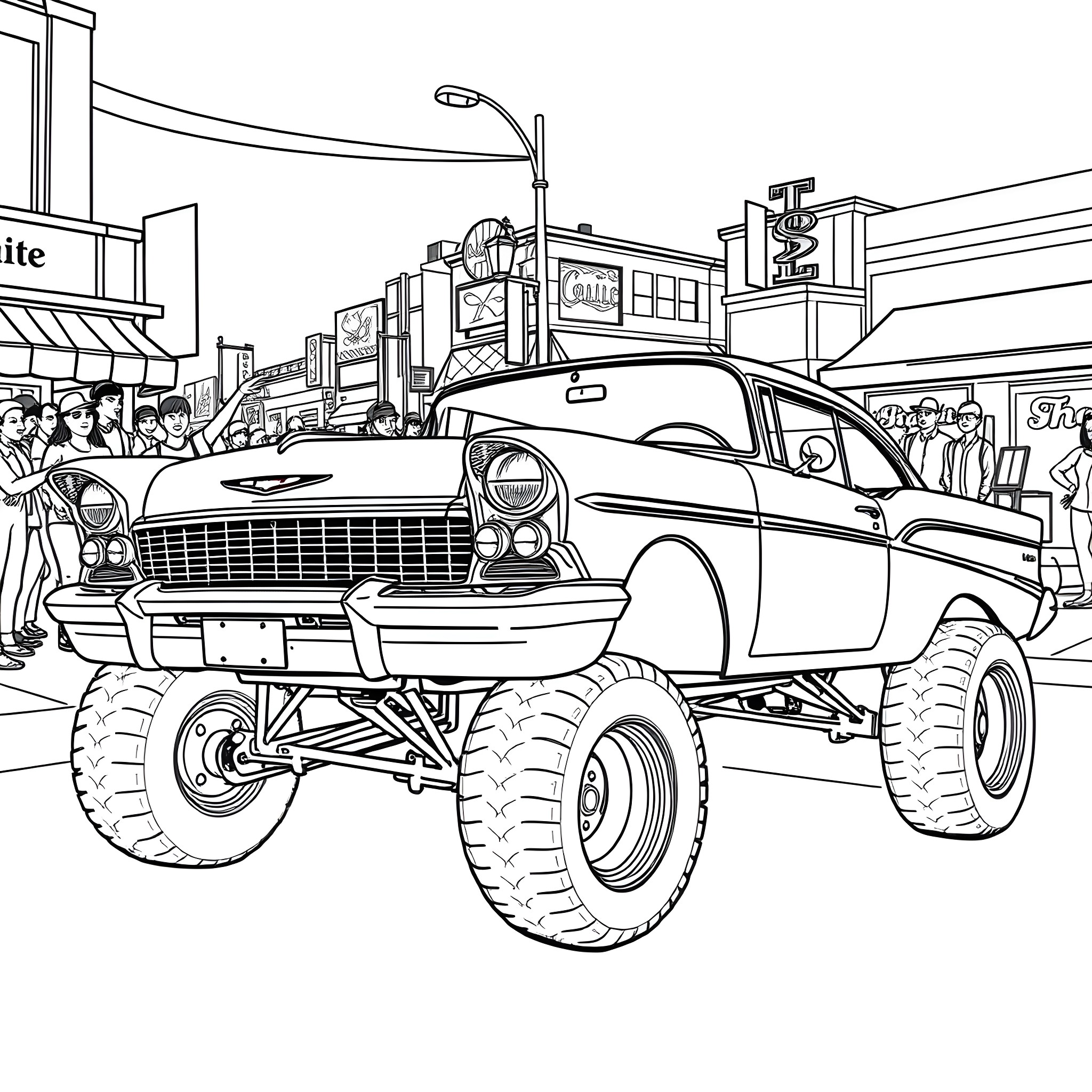 Chevy monster truck in urban setting Coloring Page (free black-and-white line drawing printable PDF for all, from beginners to advanced learners, including children, teens, adults, and seniors)