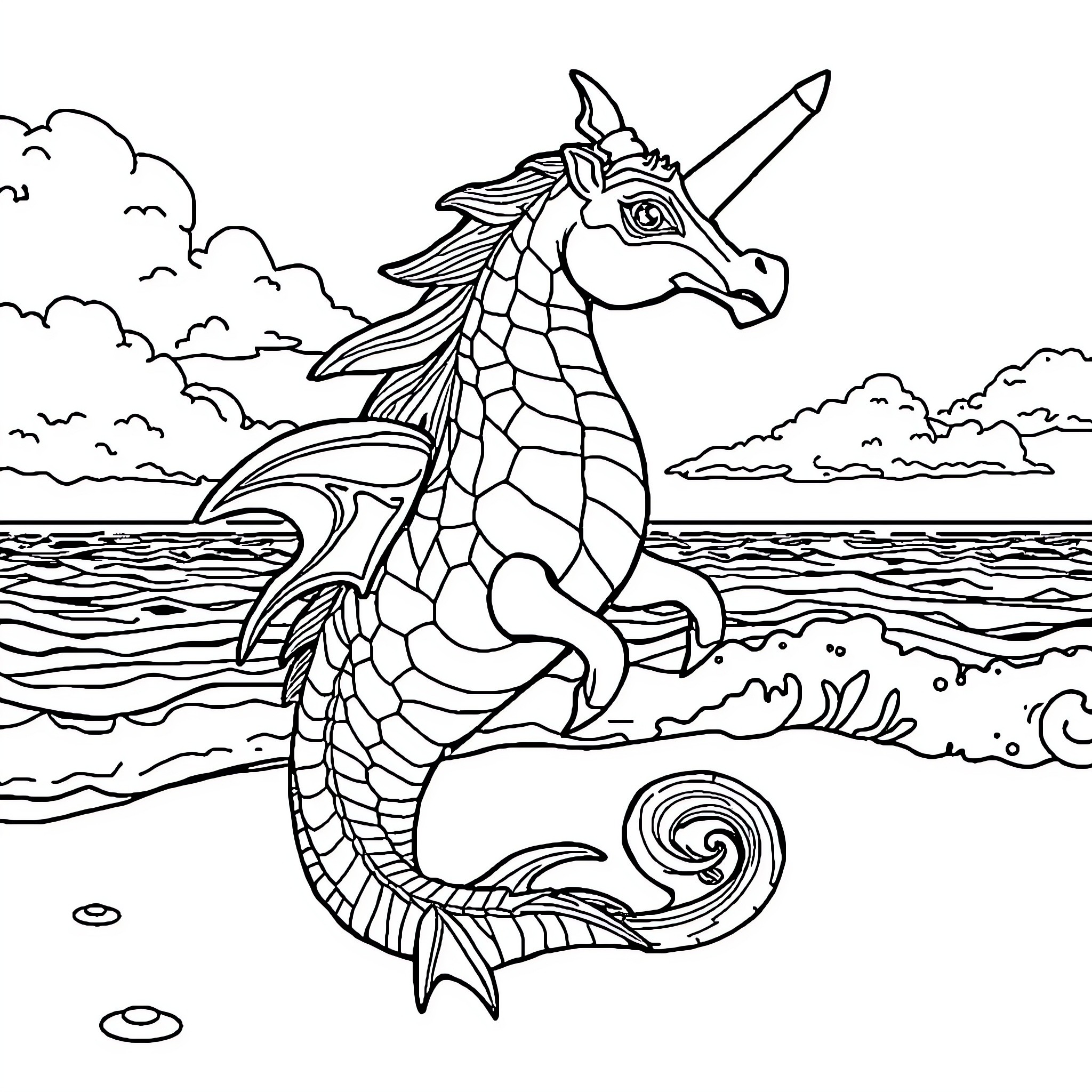 Unicorn Mermaid Riding Waves in the Ocean Coloring Page (free black-and-white line drawing printable PDF for all, from beginners to advanced learners, including children, teens, adults, and seniors)