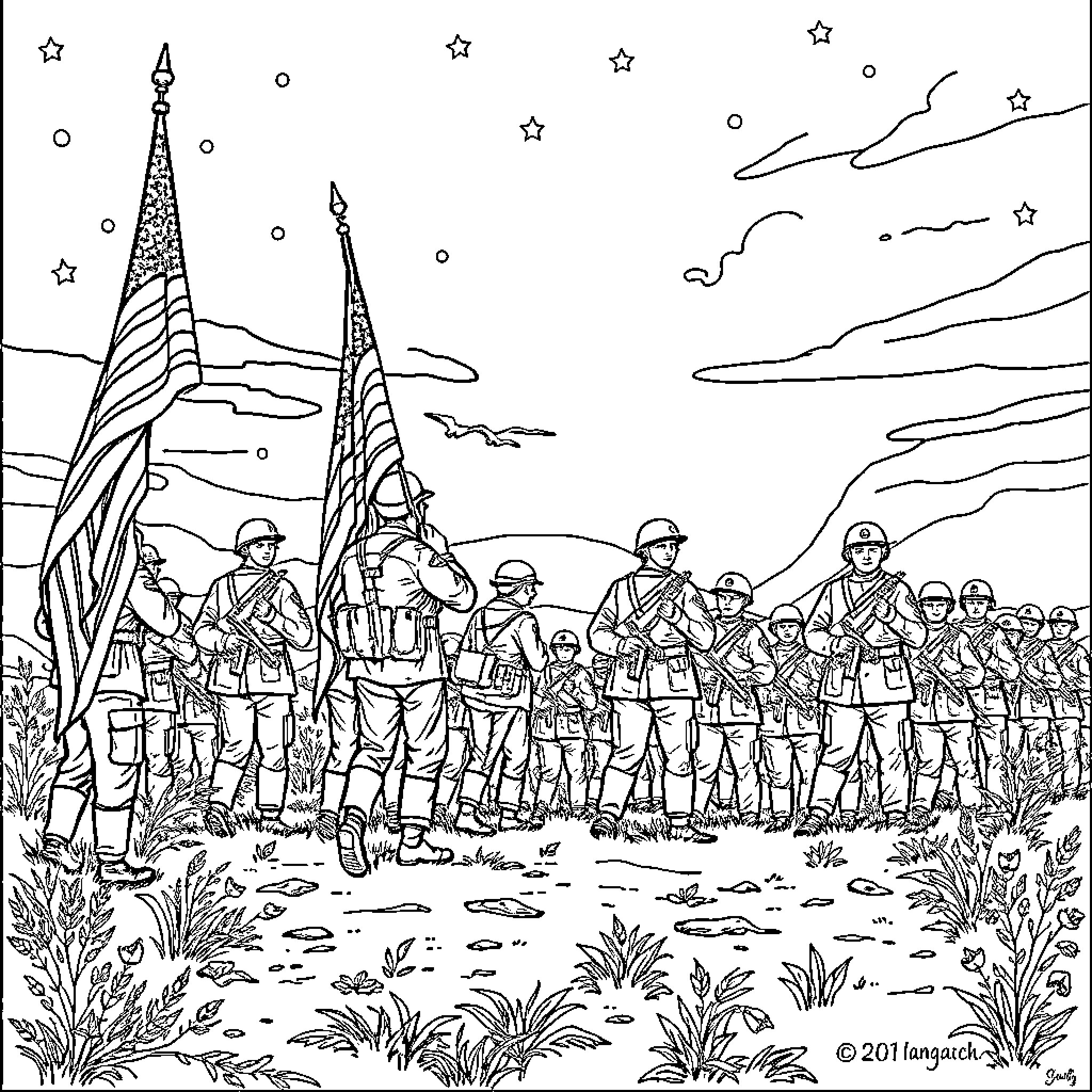 Courage of the Soldier's Oath Coloring Page (free black-and-white line drawing printable PDF for all, from beginners to advanced learners, including children, teens, adults, and seniors)