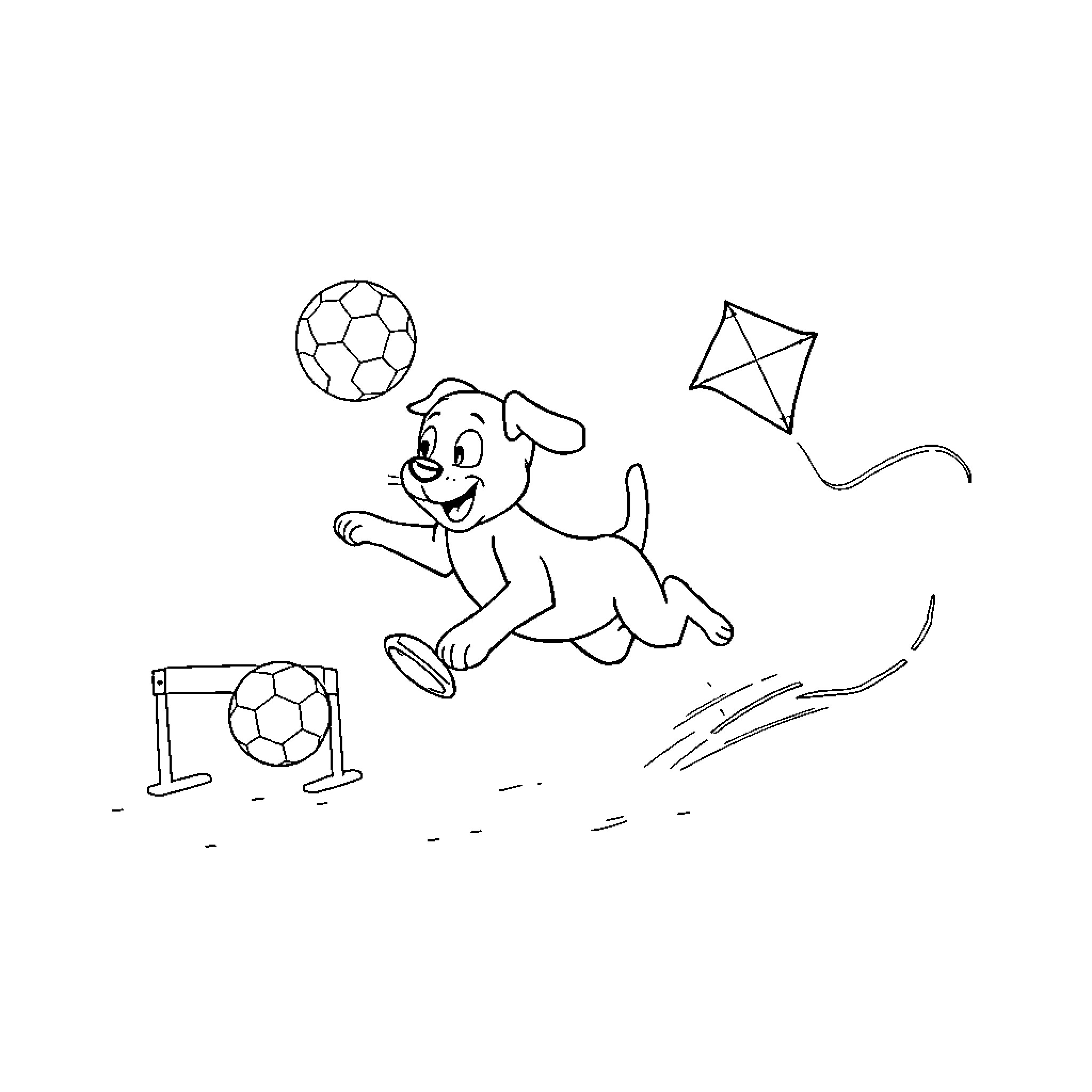 Puppy playing with ball and kite Coloring Page (free black-and-white line drawing printable PDF for all, from beginners to advanced learners, including children, teens, adults, and seniors)