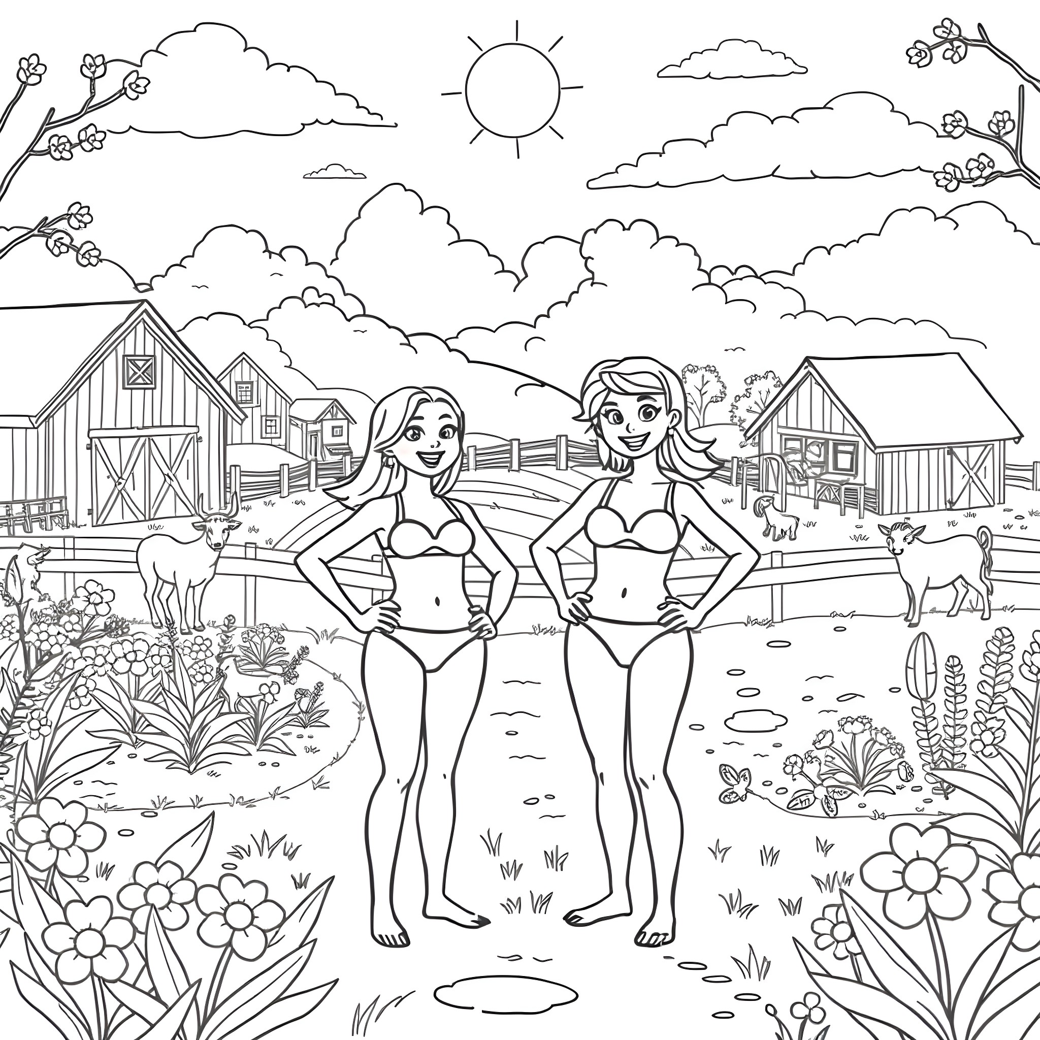 Bikini Babes Enjoying the Countryside Coloring Page (free black-and-white line drawing printable PDF for all, from beginners to advanced learners, including children, teens, adults, and seniors)