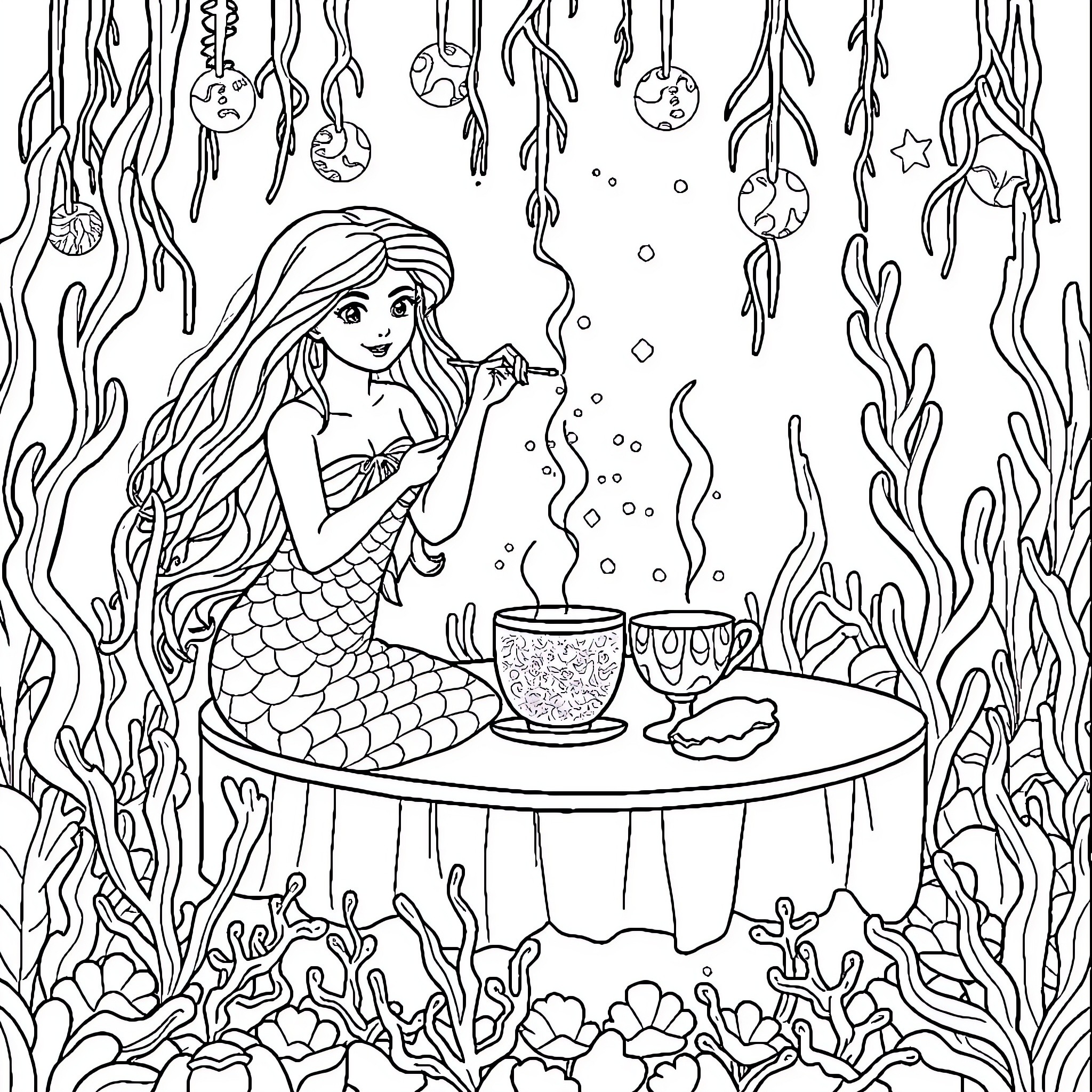 Mermaid enjoying tea party under the sea Coloring Page (free black-and-white line drawing printable PDF for all, from beginners to advanced learners, including children, teens, adults, and seniors)