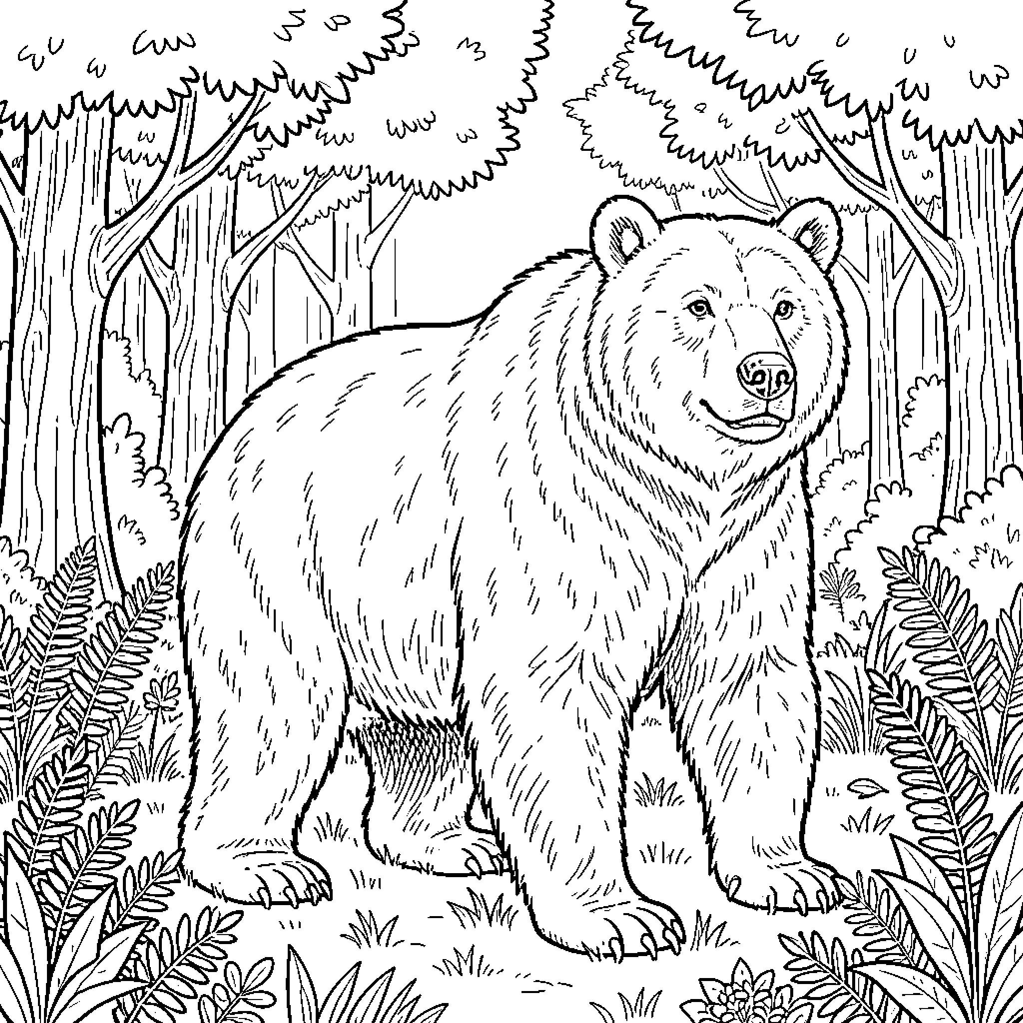 Bear roaming through the forest Coloring Page (free black-and-white line drawing printable PDF for all, from beginners to advanced learners, including children, teens, adults, and seniors)