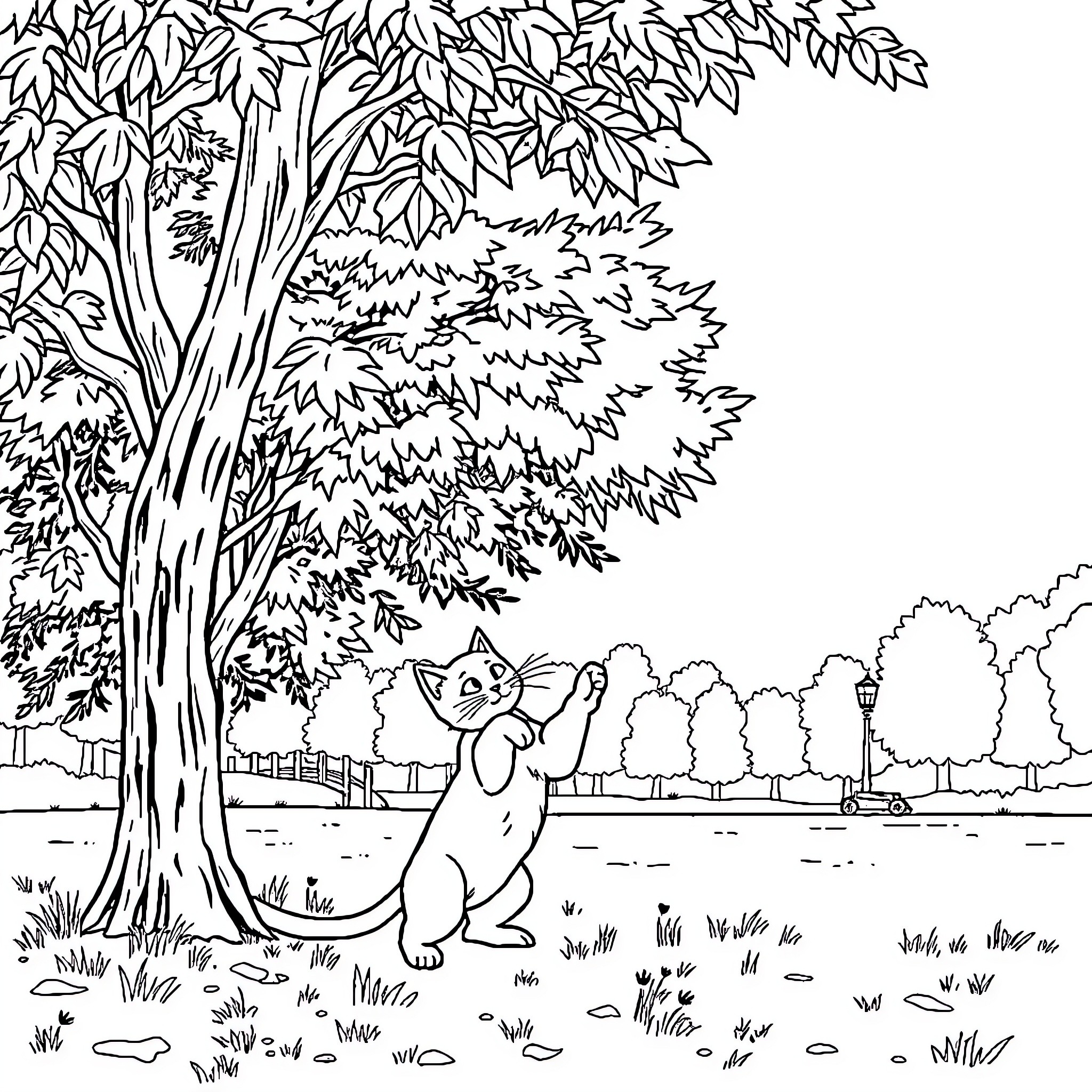 Cat playing in the park Coloring Page (free black-and-white line drawing printable PDF for all, from beginners to advanced learners, including children, teens, adults, and seniors)