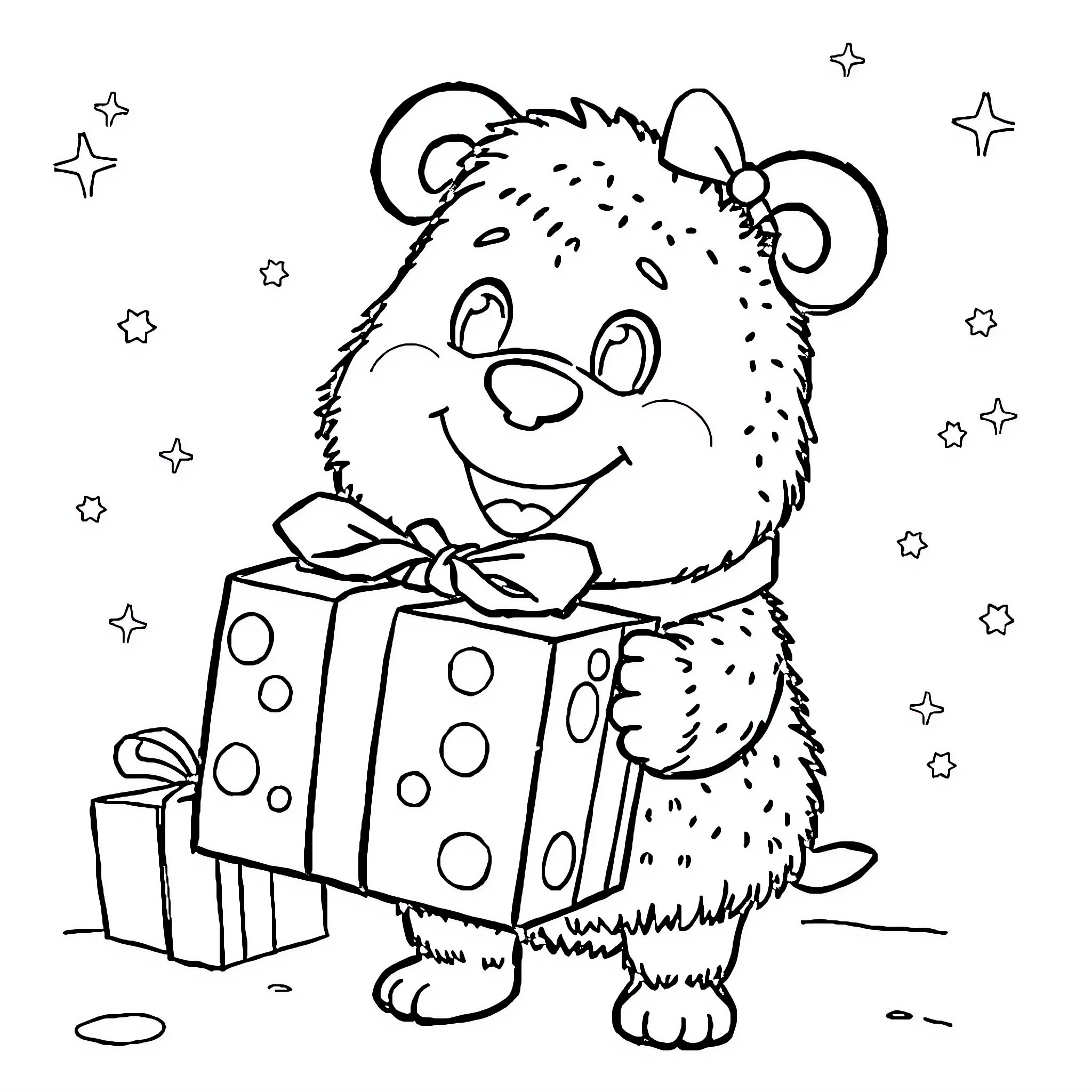 Hey Duggee holding presents happily Coloring Page (free black-and-white line drawing printable PDF for all, from beginners to advanced learners, including children, teens, adults, and seniors)