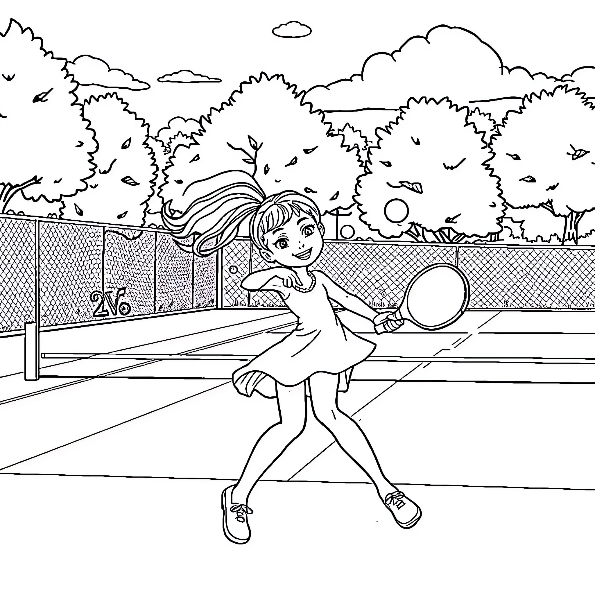 Princess Playing Tennis on a Sunny Day Coloring Page (free black-and-white line drawing printable PDF for all, from beginners to advanced learners, including children, teens, adults, and seniors)