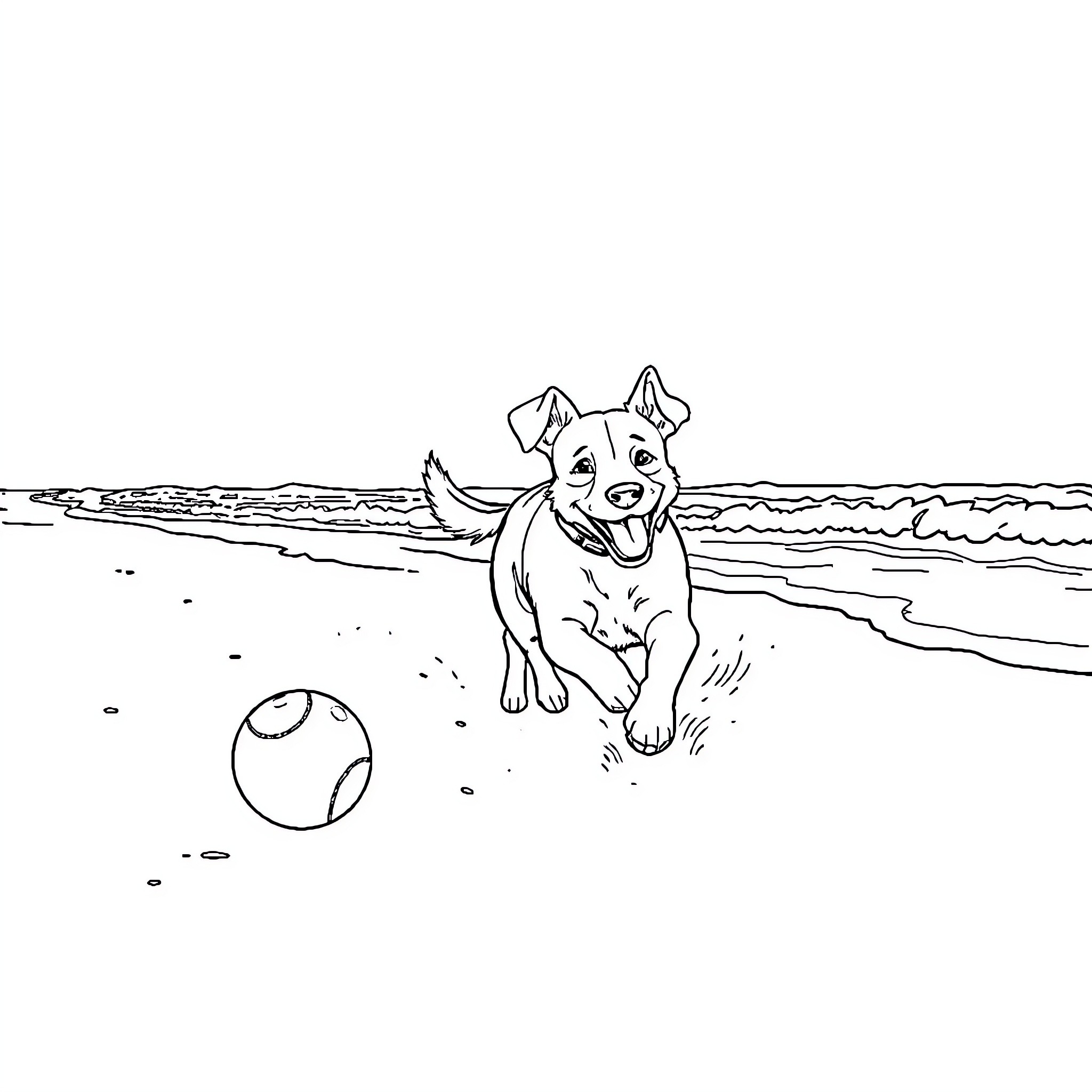 Dog chasing ball on the beach Coloring Page (free black-and-white line drawing printable PDF for all, from beginners to advanced learners, including children, teens, adults, and seniors)
