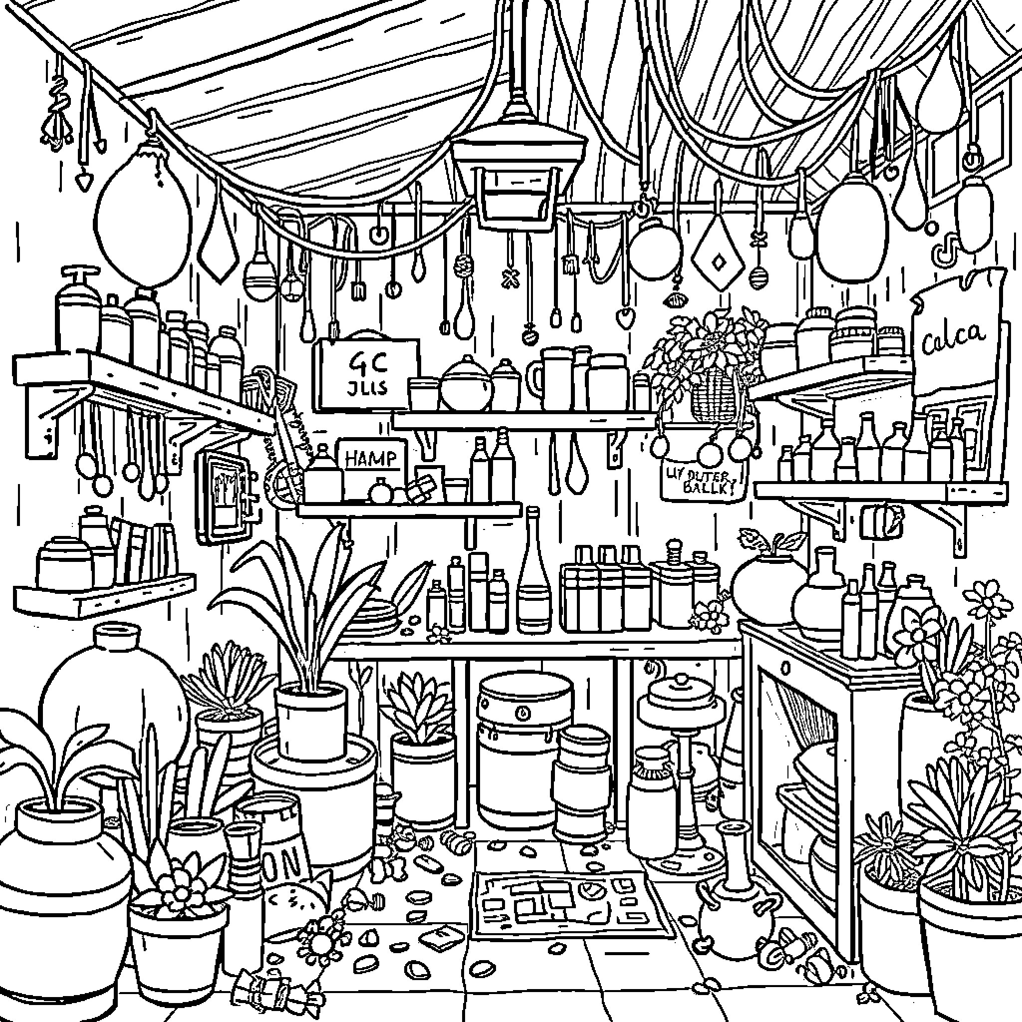Small Eclectic Shelves and Trinkets in a Cozy Nook Coloring Page (free black-and-white line drawing printable PDF for all, from beginners to advanced learners, including children, teens, adults, and seniors)