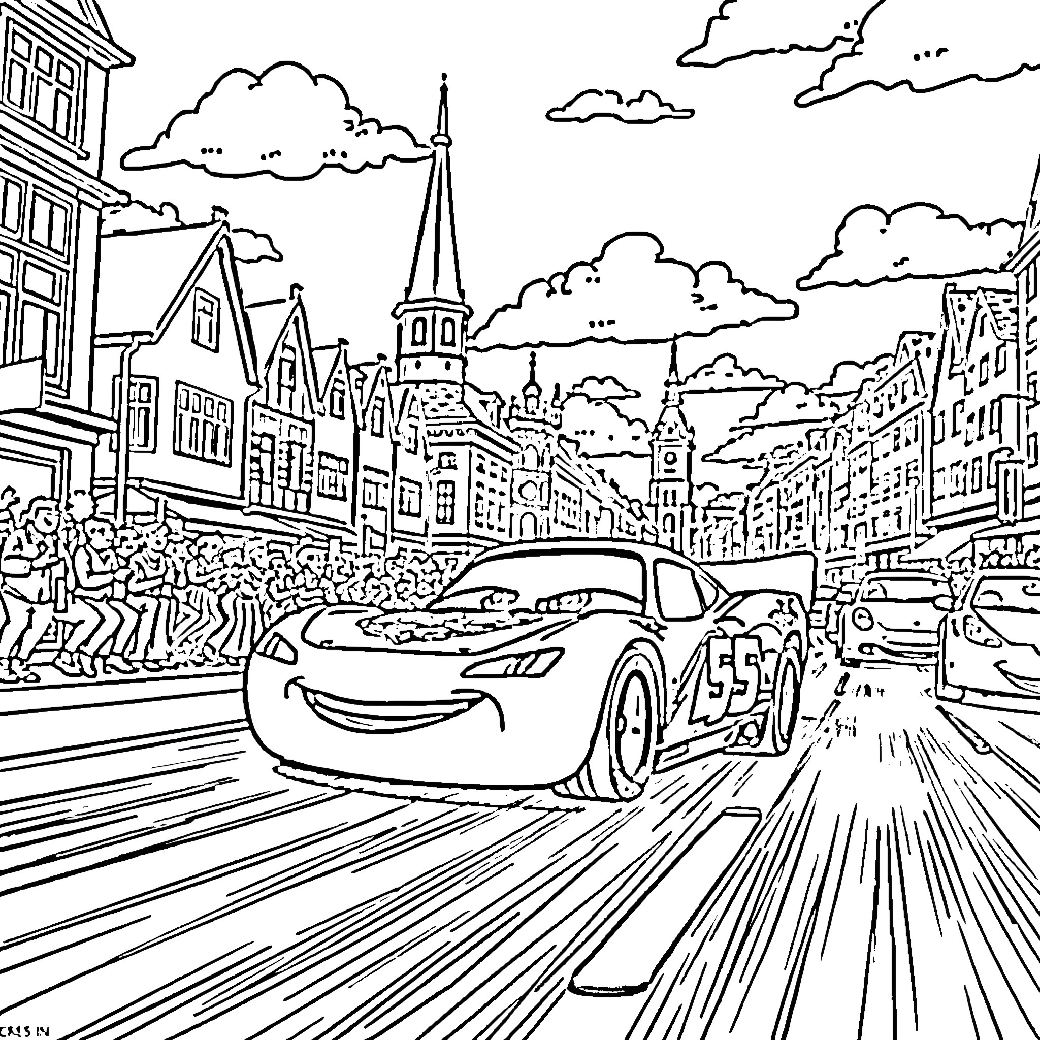 Lightning McQueen racing through the city streets Coloring Page (free black-and-white line drawing printable PDF for all, from beginners to advanced learners, including children, teens, adults, and seniors)