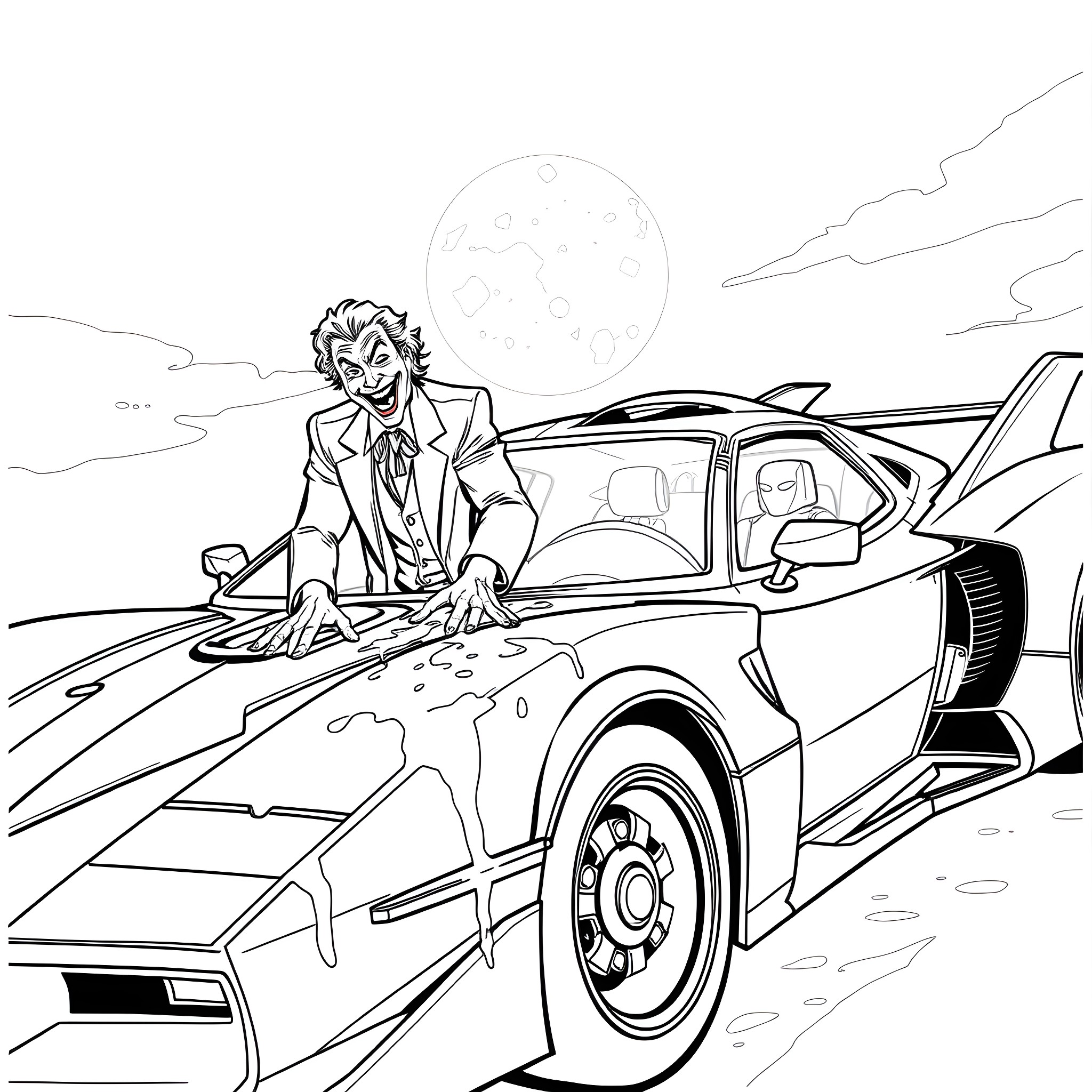 Joker and his wild sports car Coloring Page (free black-and-white line drawing printable PDF for all, from beginners to advanced learners, including children, teens, adults, and seniors)