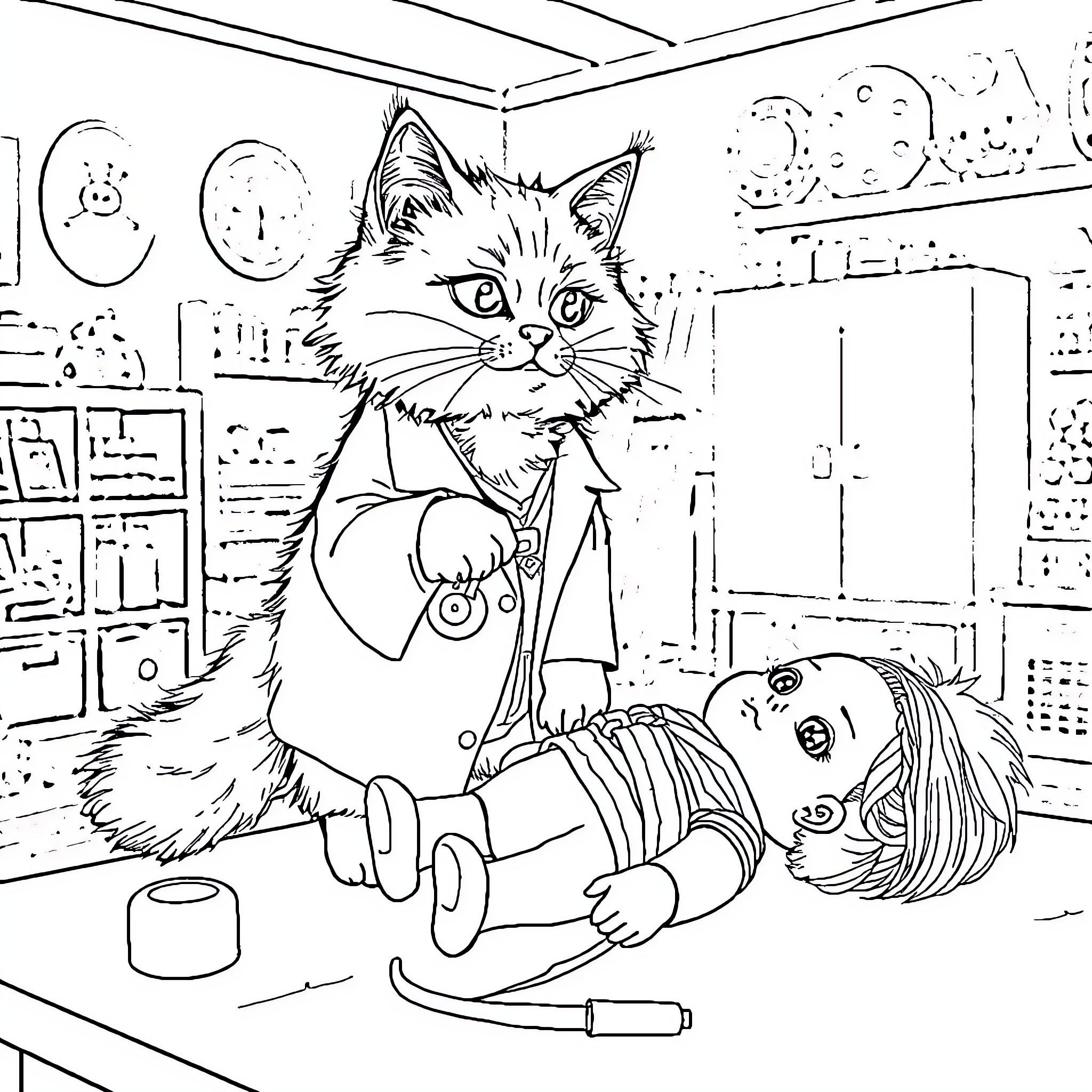 Cat doctor examining injured patient Coloring Page (free black-and-white line drawing printable PDF for all, from beginners to advanced learners, including children, teens, adults, and seniors)
