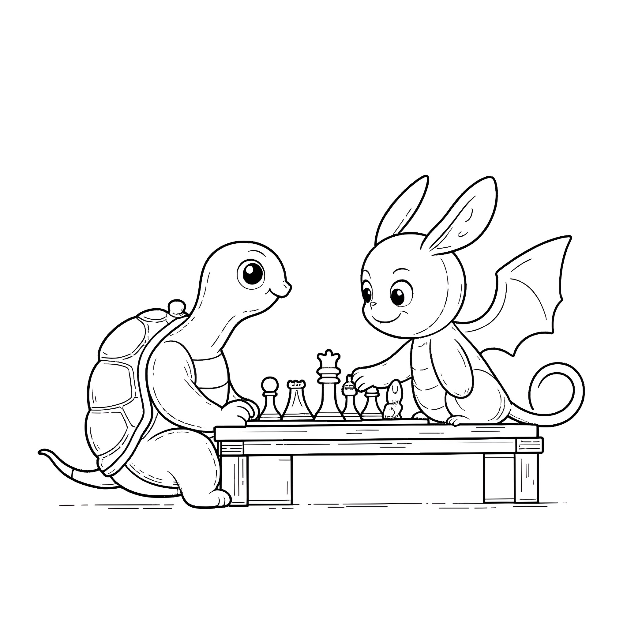 Turtle and rabbit playing chess together Coloring Page (free black-and-white line drawing printable PDF for all, from beginners to advanced learners, including children, teens, adults, and seniors)