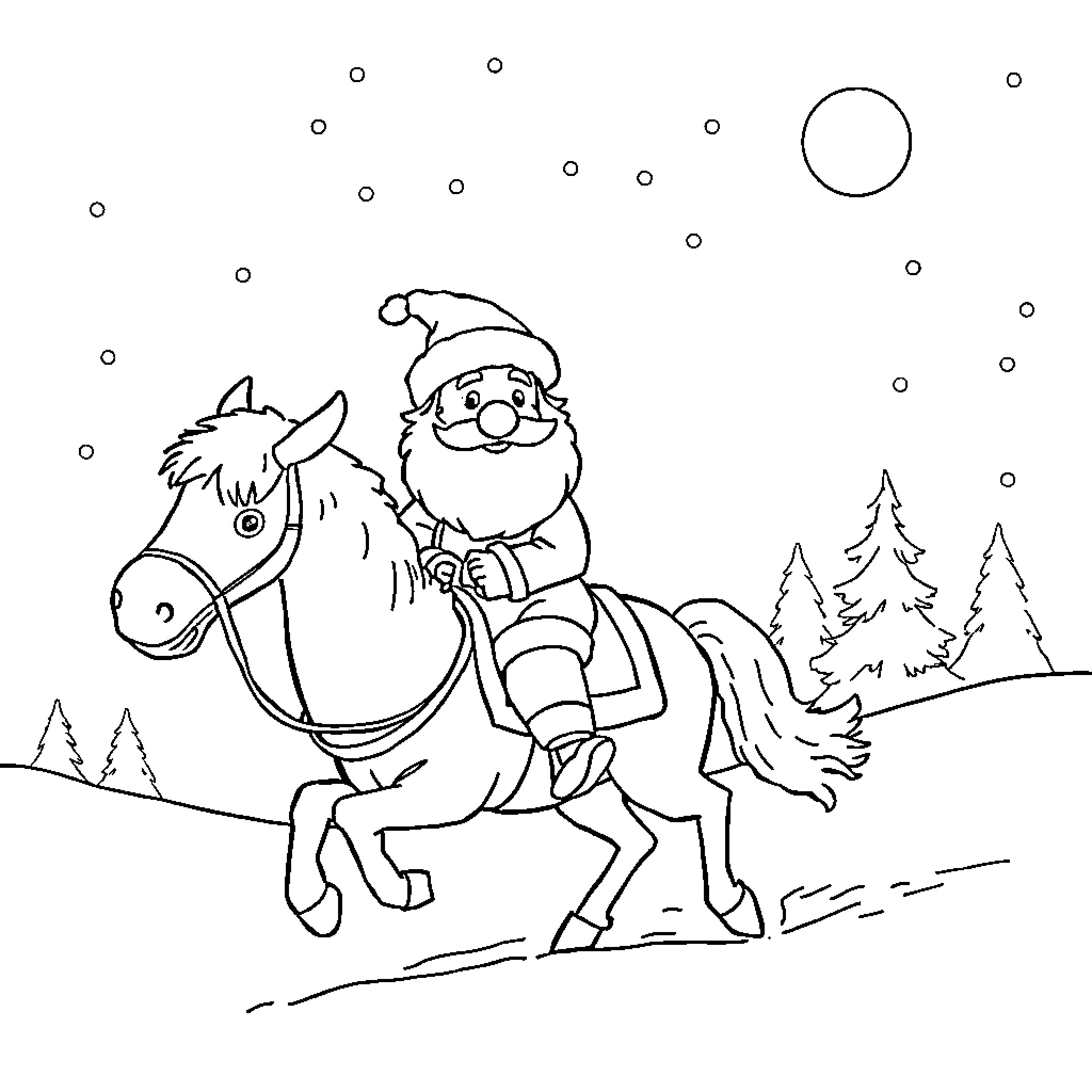 Santa riding a horse through a snowy landscape Coloring Page (free black-and-white line drawing printable PDF for all, from beginners to advanced learners, including children, teens, adults, and seniors)