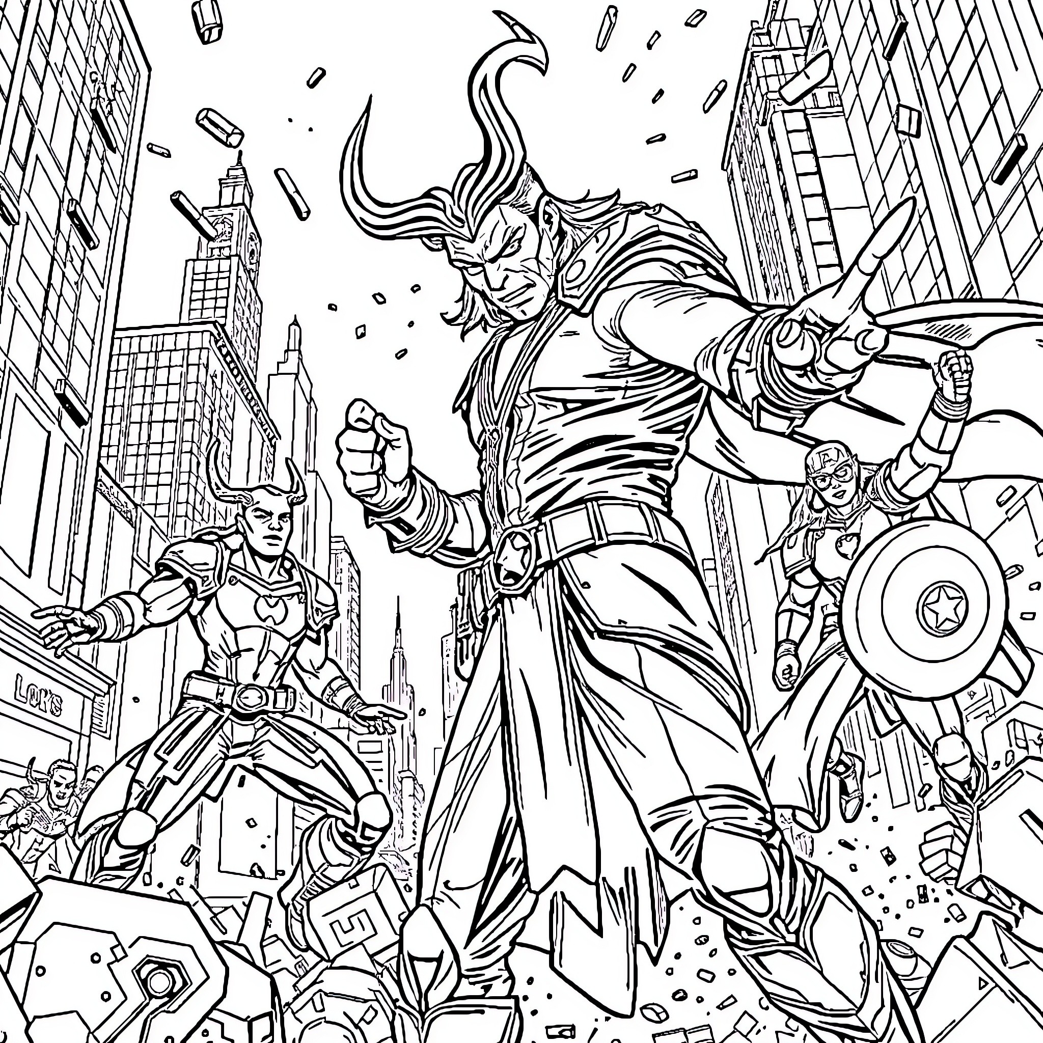 Avenger heroes battle against supervillain in city Coloring Page (free black-and-white line drawing printable PDF for all, from beginners to advanced learners, including children, teens, adults, and seniors)