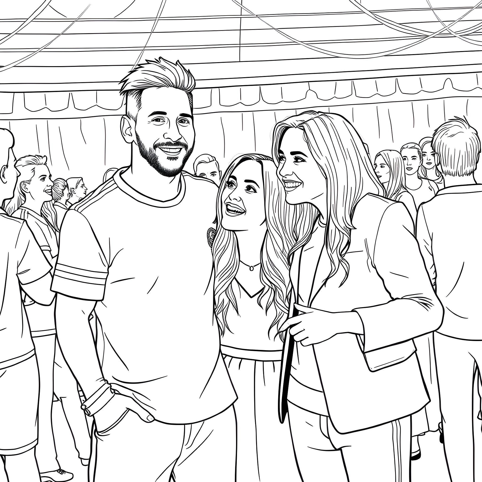 Lionel Messi posing with family and friends Coloring Page (free black-and-white line drawing printable PDF for all, from beginners to advanced learners, including children, teens, adults, and seniors)