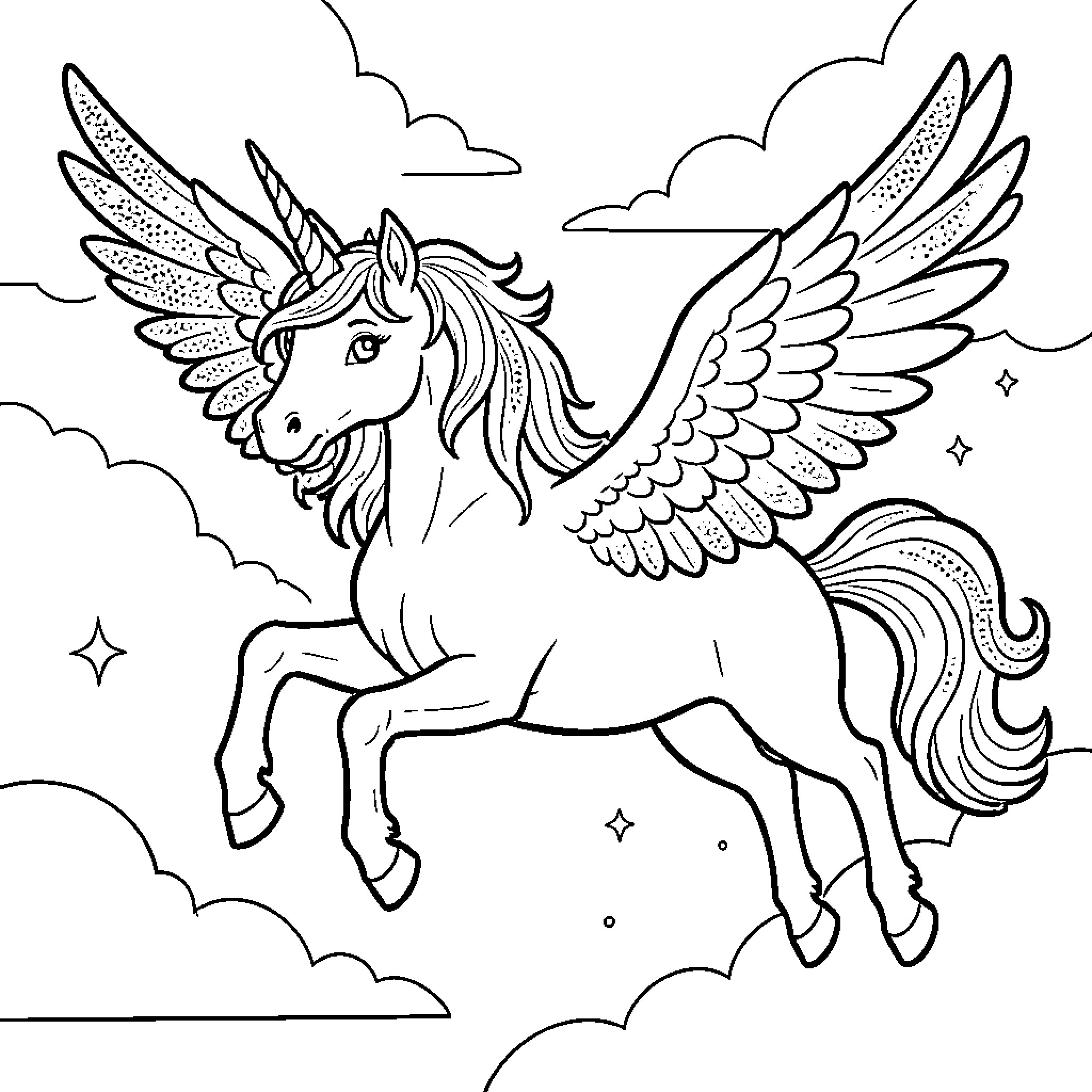 Unicorn with Majestic Wings Soaring in the Clouds Coloring Page (free black-and-white line drawing printable PDF for all, from beginners to advanced learners, including children, teens, adults, and seniors)
