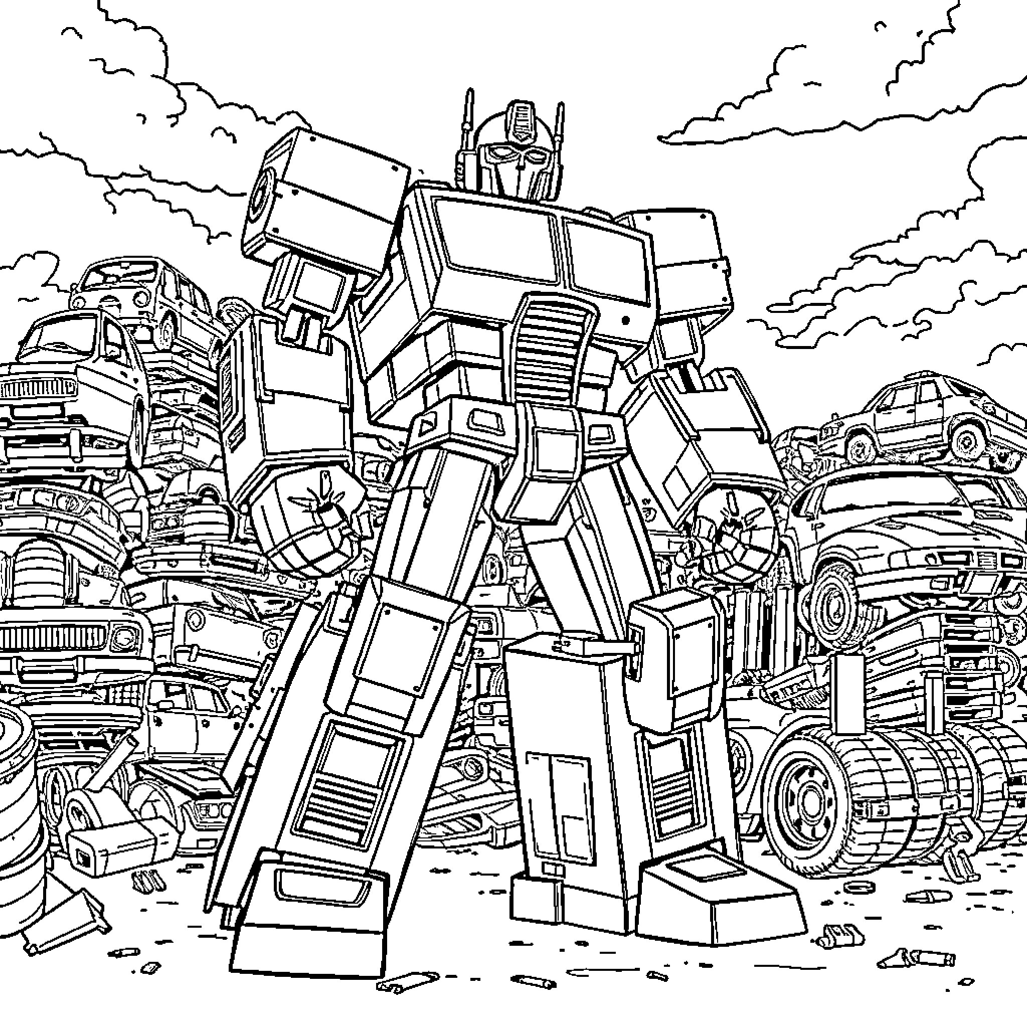 Transformer robot amidst crashed and wrecked vehicles Coloring Page (free black-and-white line drawing printable PDF for all, from beginners to advanced learners, including children, teens, adults, and seniors)