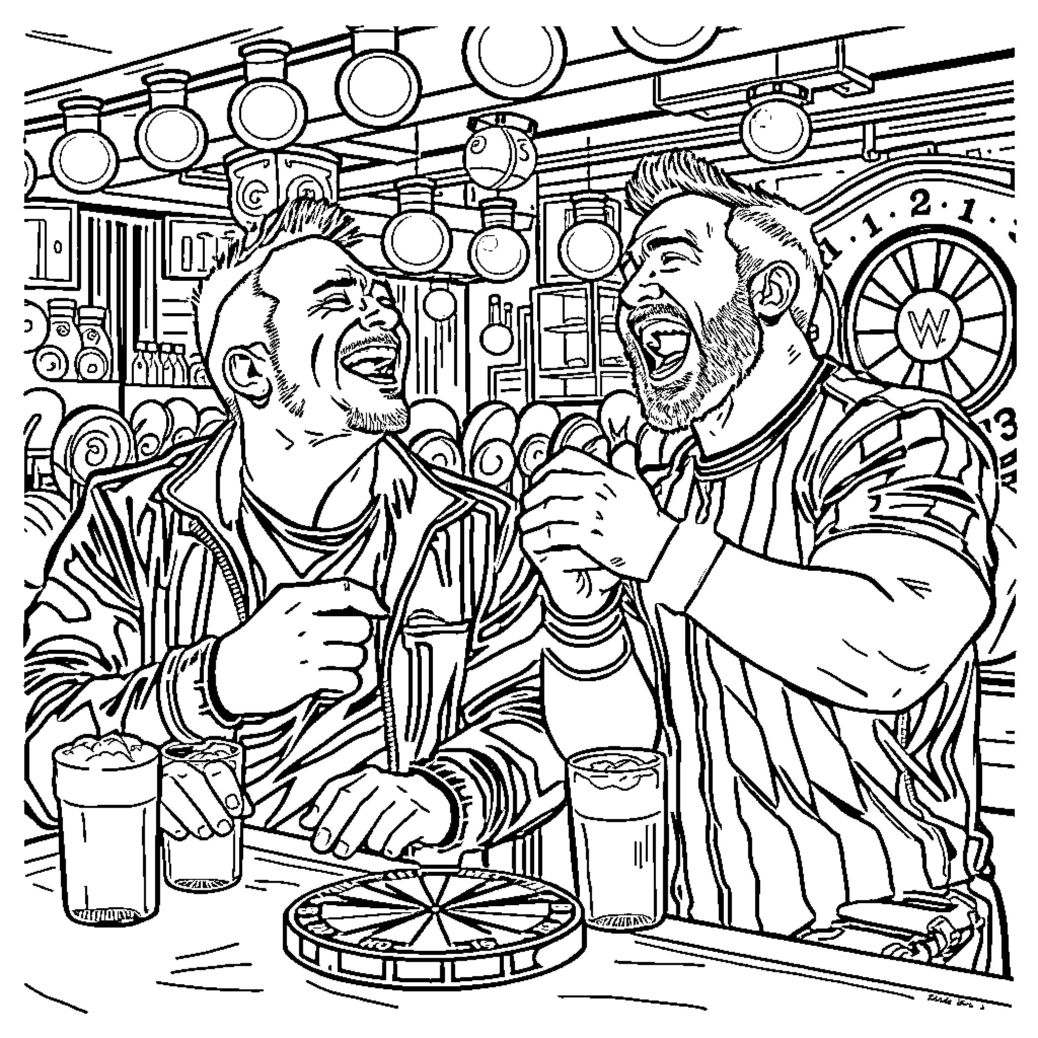 Cm Punk Celebrating Victory at a Lively Bar Coloring Page (free black-and-white line drawing printable PDF for all, from beginners to advanced learners, including children, teens, adults, and seniors)