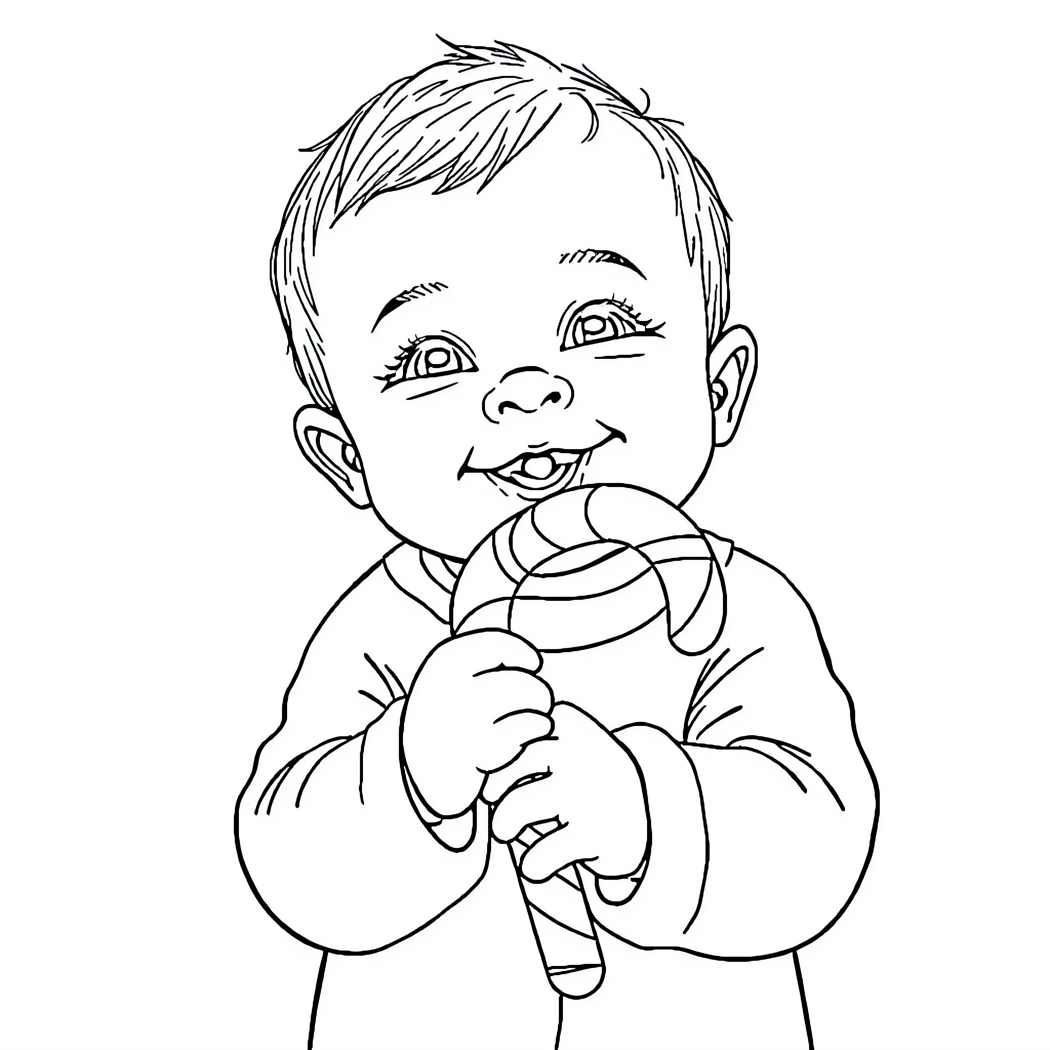 Baby cheerfully holding a toy Coloring Page (free black-and-white line drawing printable PDF for all, from beginners to advanced learners, including children, teens, adults, and seniors)