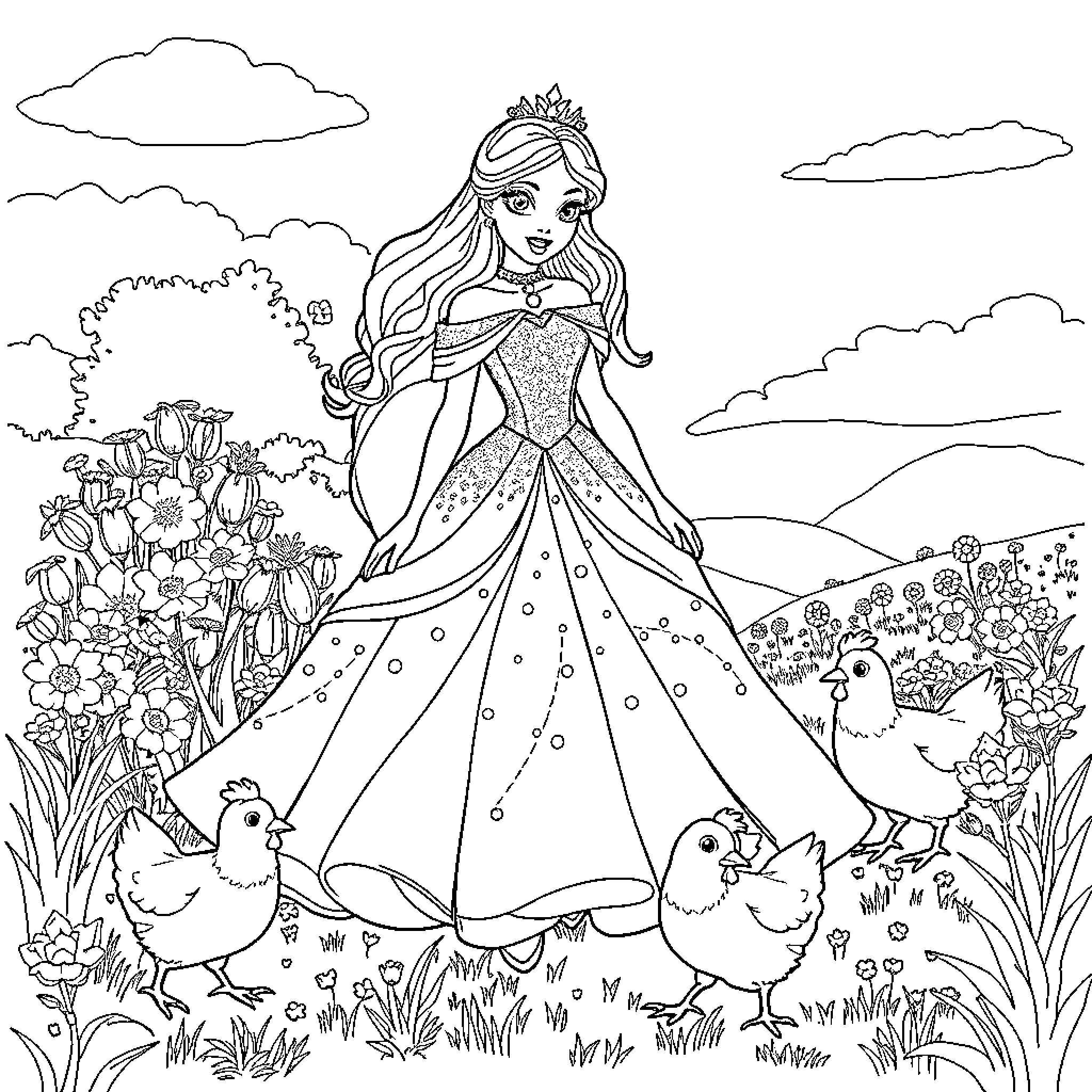 Princess in Elegant Gown Surrounded by Nature Coloring Page (free black-and-white line drawing printable PDF for all, from beginners to advanced learners, including children, teens, adults, and seniors)