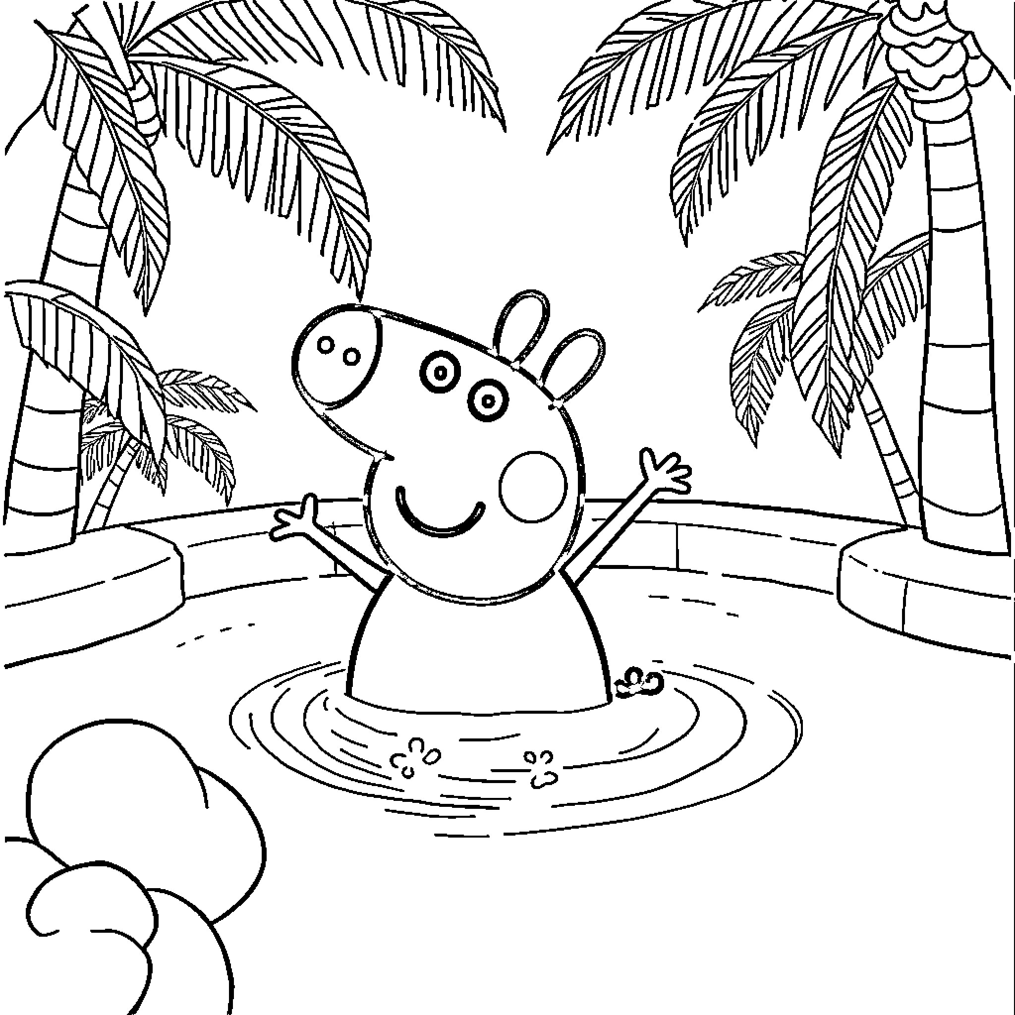 Peppa Pig playing happily in a tropical paradise Coloring Page (free black-and-white line drawing printable PDF for all, from beginners to advanced learners, including children, teens, adults, and seniors)