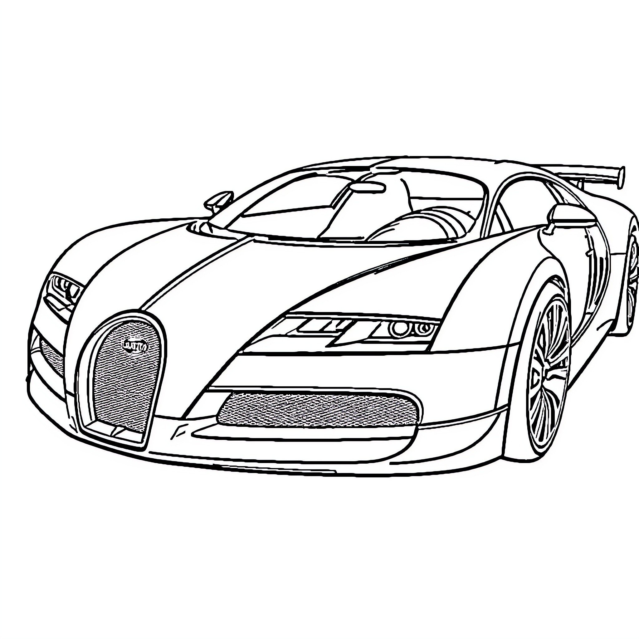 Bugatti Veyron racing on the track Coloring Page (free black-and-white line drawing printable PDF for all, from beginners to advanced learners, including children, teens, adults, and seniors)