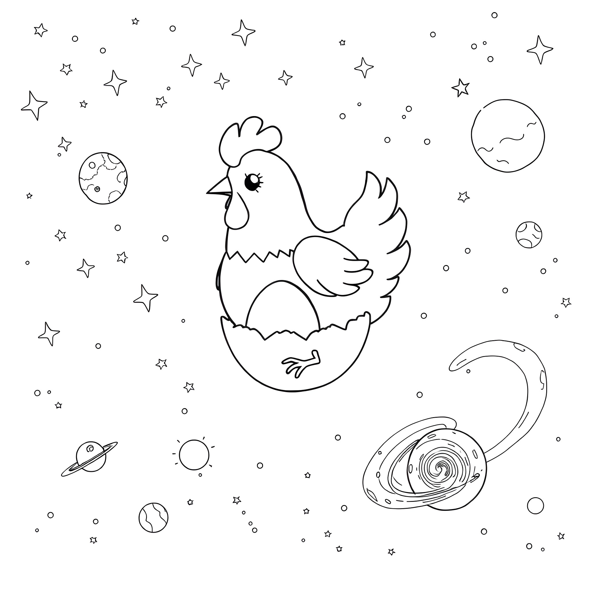 Chicken emerging from cosmic egg in starry night sky Coloring Page (free black-and-white line drawing printable PDF for all, from beginners to advanced learners, including children, teens, adults, and seniors)