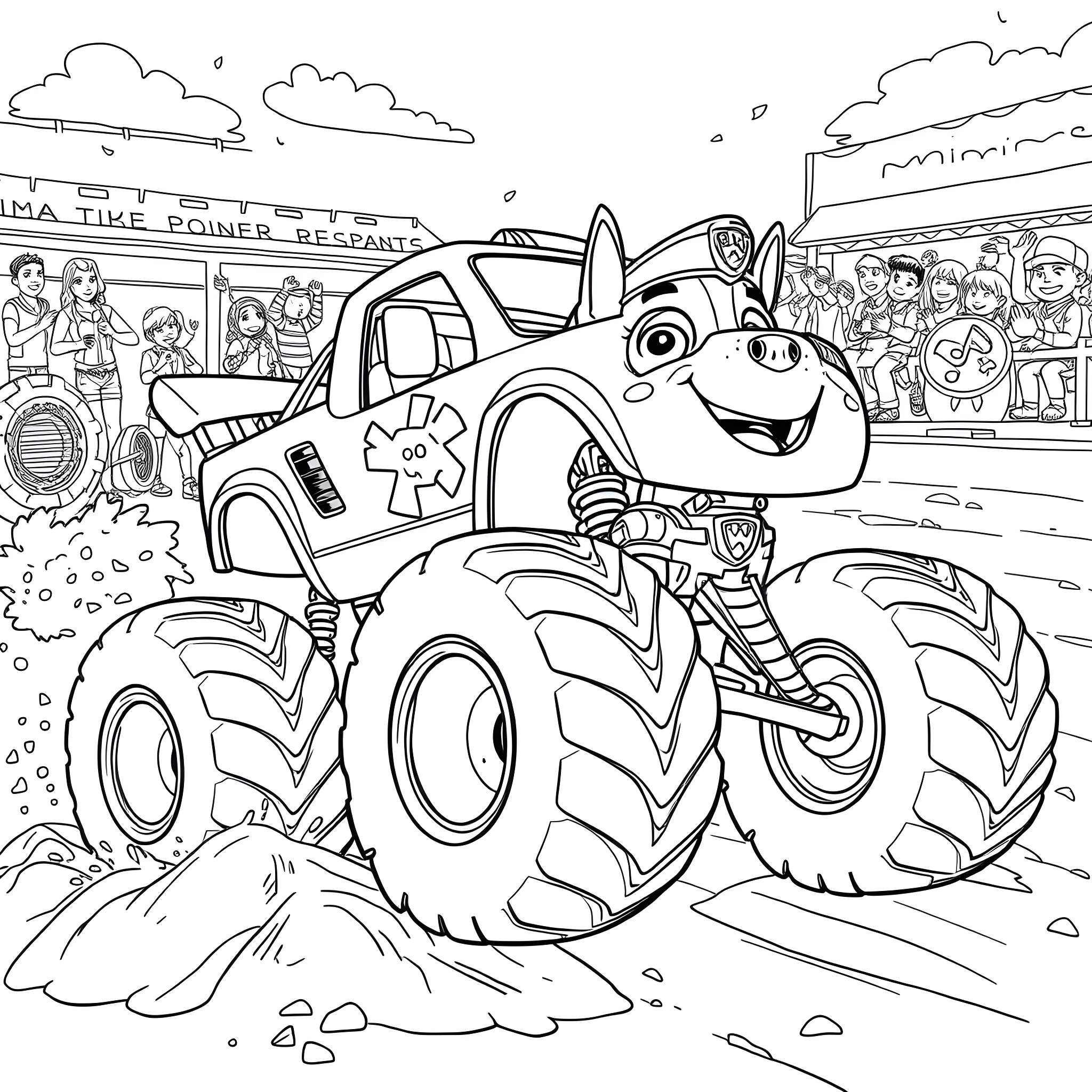 Chase the Paw-some Monster Truck in Action Coloring Page (free black-and-white line drawing printable PDF for all, from beginners to advanced learners, including children, teens, adults, and seniors)