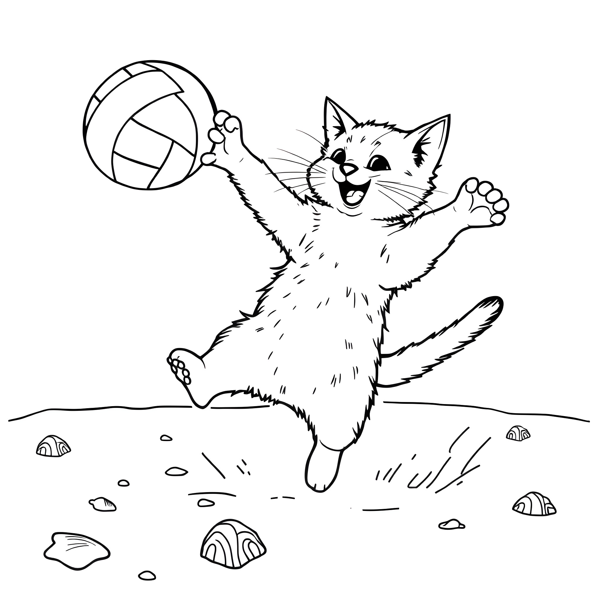 Cat playing joyfully with a volleyball Coloring Page (free black-and-white line drawing printable PDF for all, from beginners to advanced learners, including children, teens, adults, and seniors)