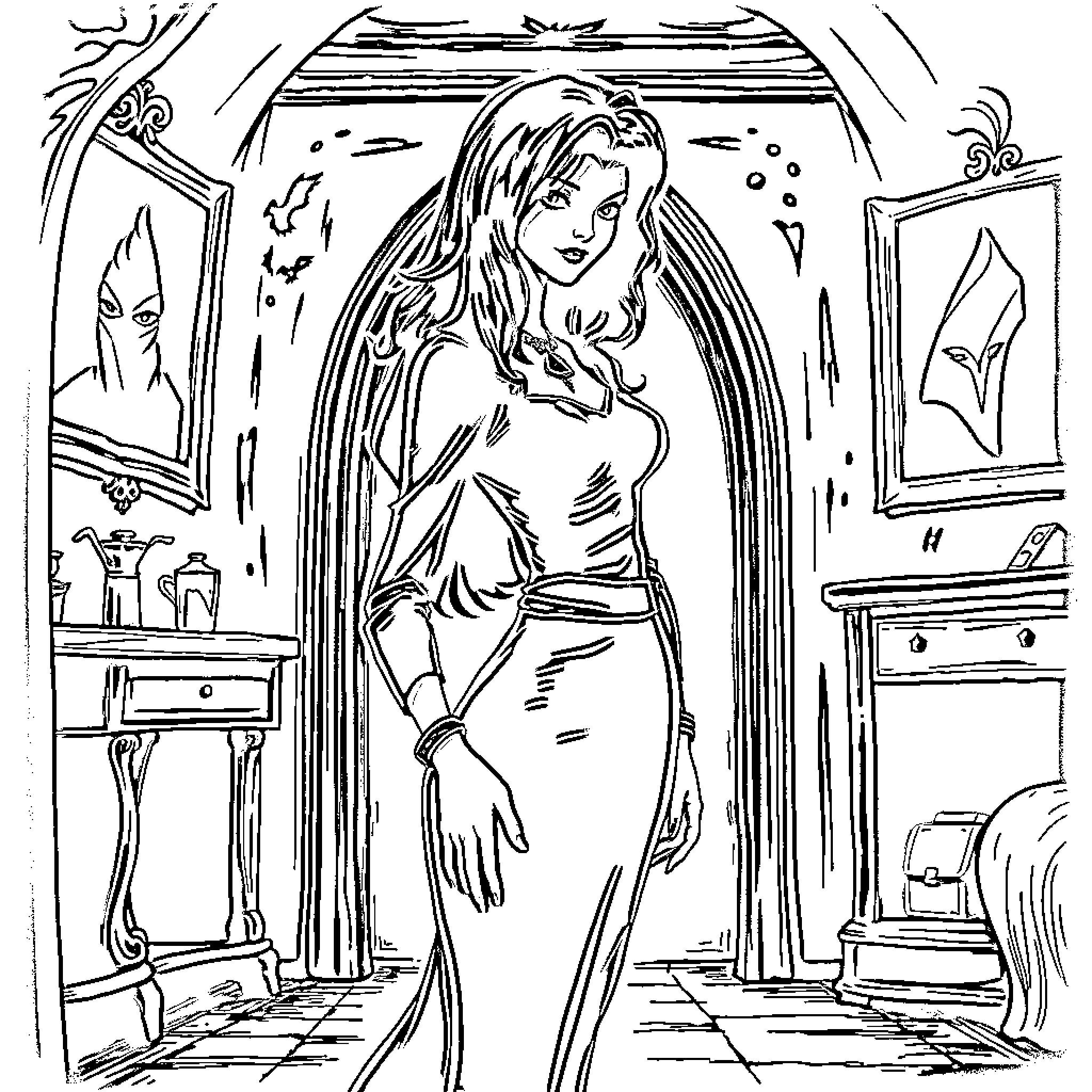 Merlina's Mysterious Encounter Coloring Page (free black-and-white line drawing printable PDF for all, from beginners to advanced learners, including children, teens, adults, and seniors)