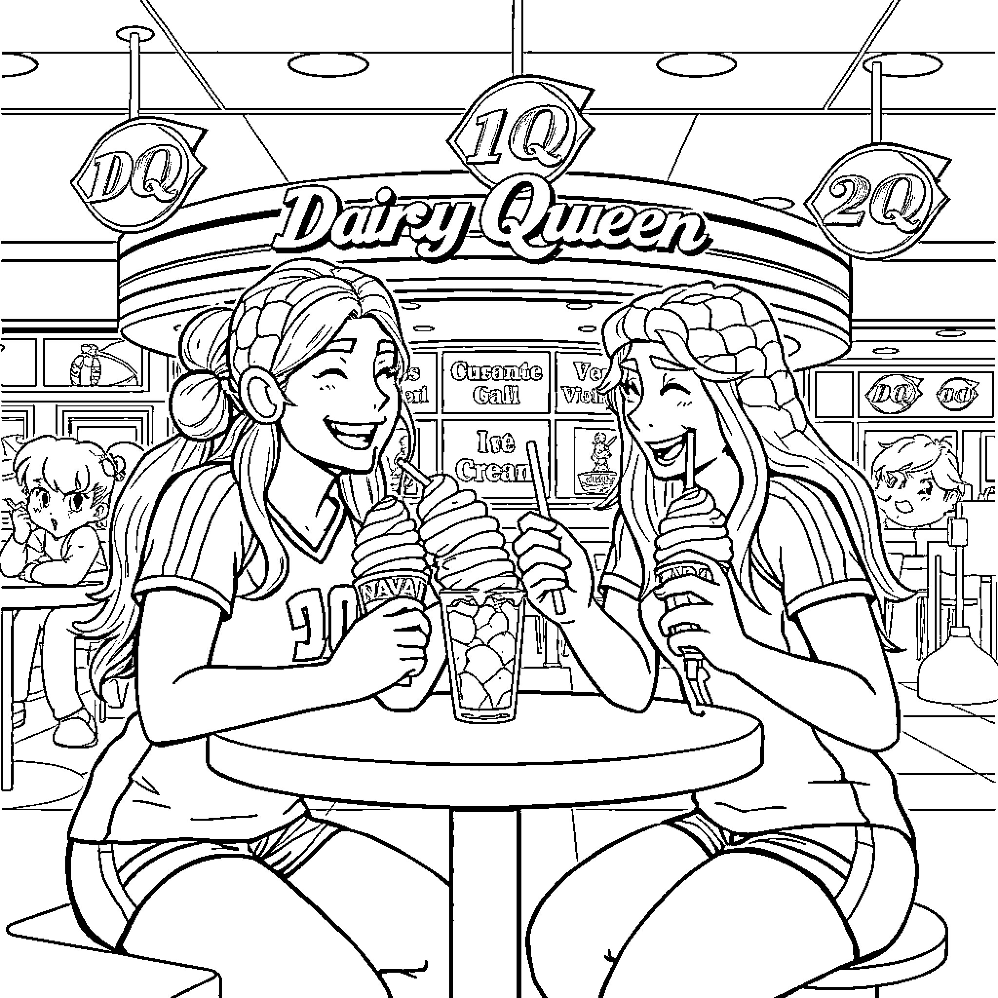 Volleyball players enjoying treats at Dairy Queen Coloring Page (free black-and-white line drawing printable PDF for all, from beginners to advanced learners, including children, teens, adults, and seniors)