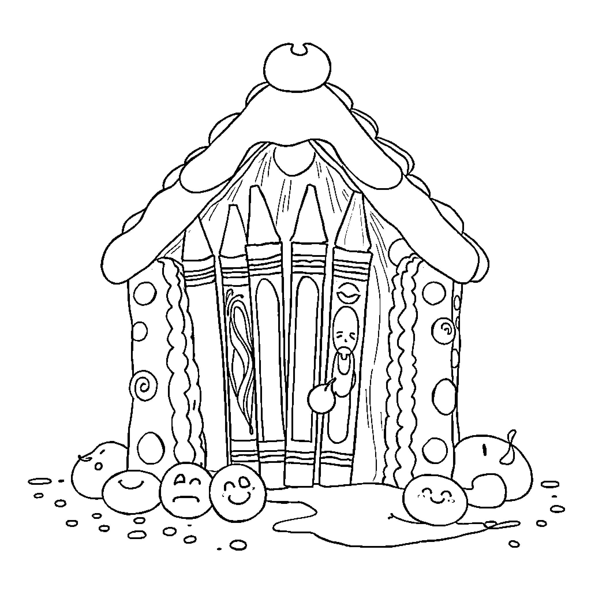 Crayon drawing of a fantastical birdhouse with faces Coloring Page (free black-and-white line drawing printable PDF for all, from beginners to advanced learners, including children, teens, adults, and seniors)