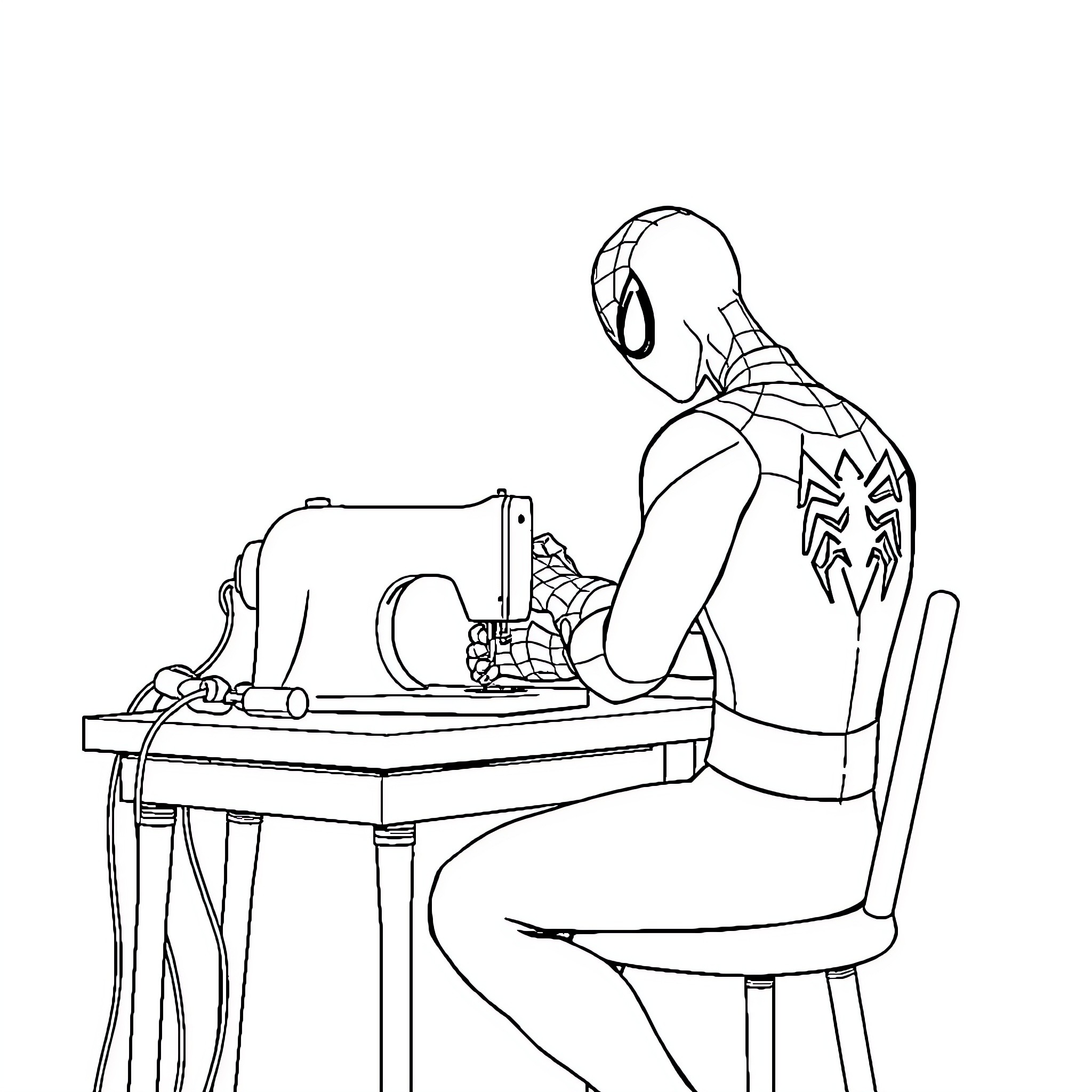 Spiderman working diligently at his desk Coloring Page (free black-and-white line drawing printable PDF for all, from beginners to advanced learners, including children, teens, adults, and seniors)