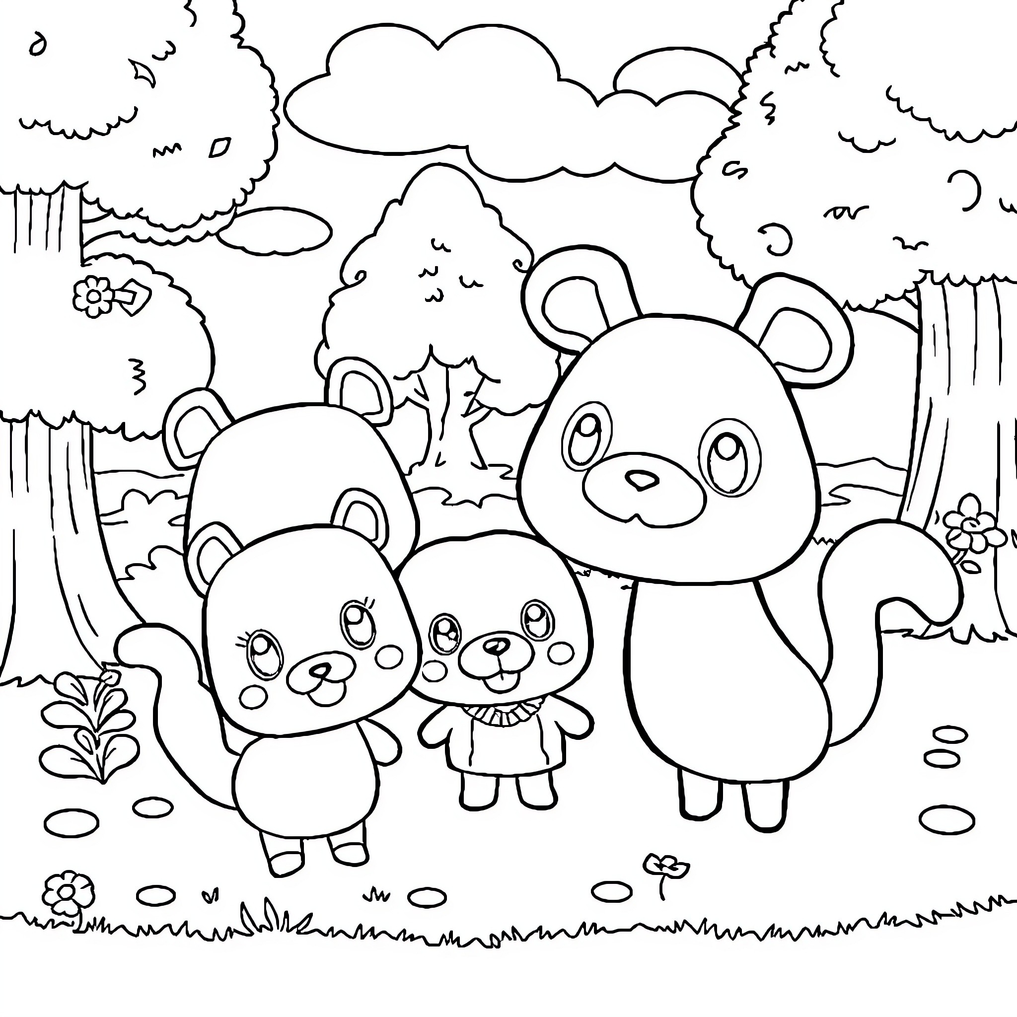 Animal Friends in the Wilderness Coloring Page (free black-and-white line drawing printable PDF for all, from beginners to advanced learners, including children, teens, adults, and seniors)