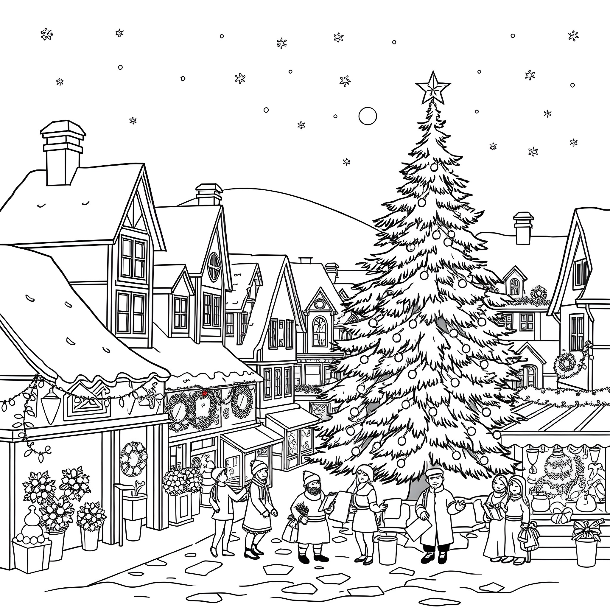 Town enjoying festive holiday scenes Coloring Page (free black-and-white line drawing printable PDF for all, from beginners to advanced learners, including children, teens, adults, and seniors)