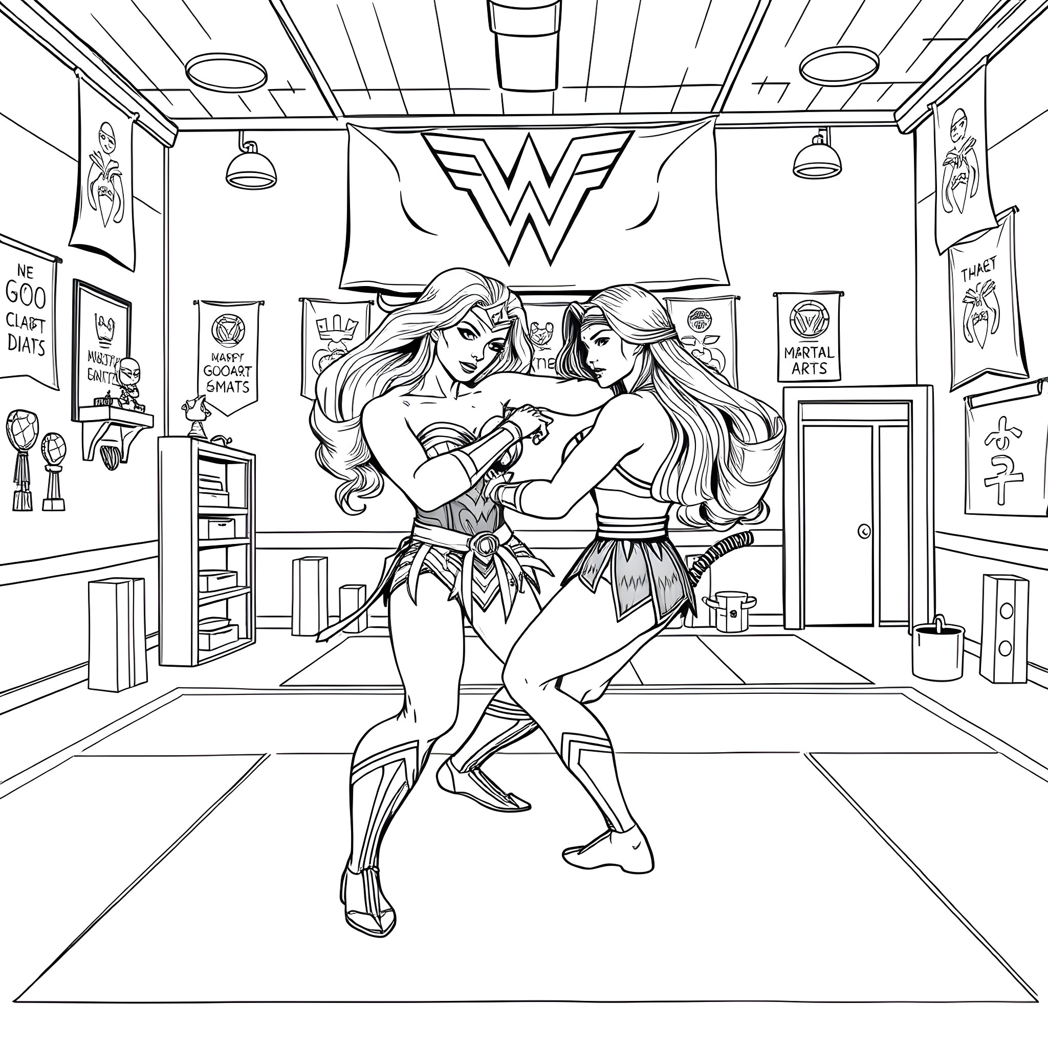 Wonder Woman heroines in action-packed scene Coloring Page (free black-and-white line drawing printable PDF for all, from beginners to advanced learners, including children, teens, adults, and seniors)