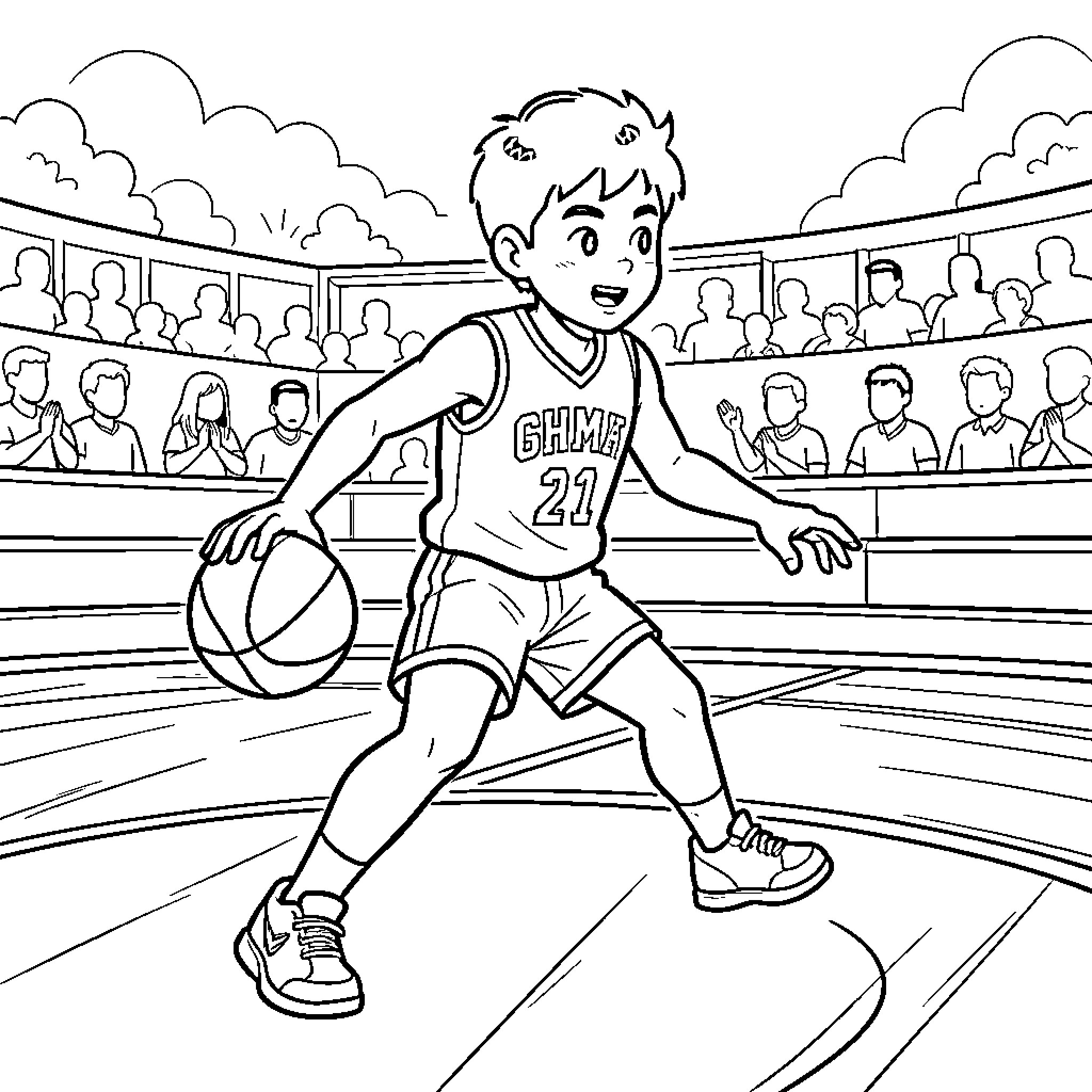 Shimy boy dribbling a basketball during a game Coloring Page (free black-and-white line drawing printable PDF for all, from beginners to advanced learners, including children, teens, adults, and seniors)