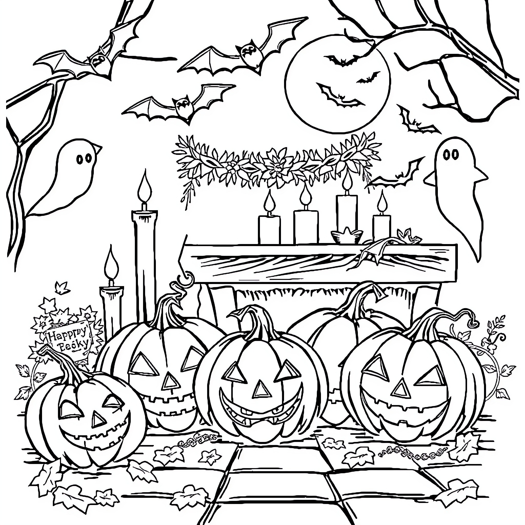 Halloween Pumpkins, Ghosts, and Bats in Spooky Night Scene Coloring Page (free black-and-white line drawing printable PDF for all, from beginners to advanced learners, including children, teens, adults, and seniors)