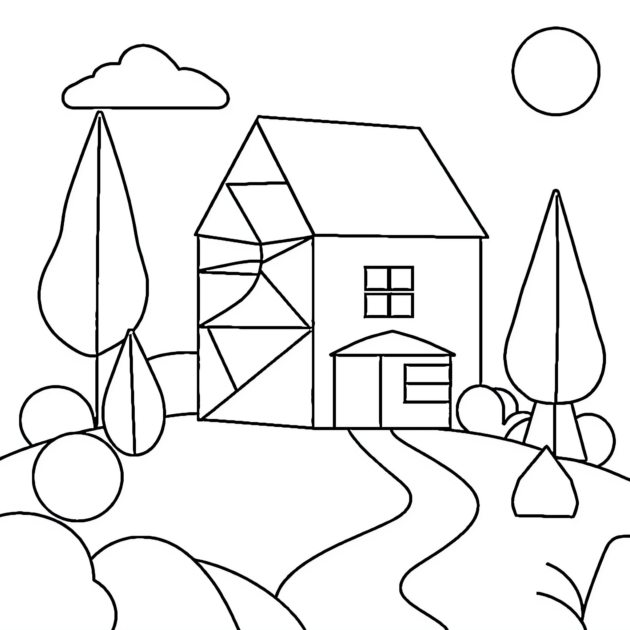 Shape of a Cozy Countryside Home Coloring Page (free black-and-white line drawing printable PDF for all, from beginners to advanced learners, including children, teens, adults, and seniors)