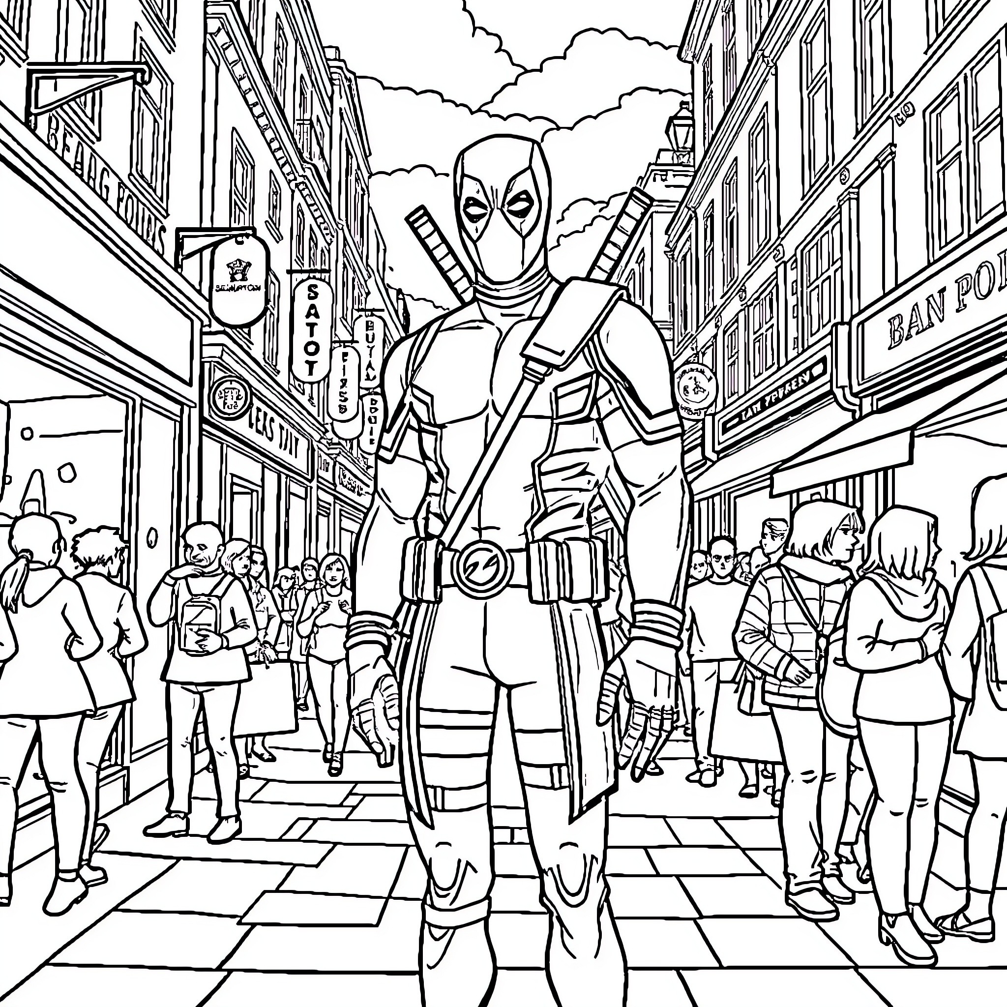 Deadpool's Chaotic City Escapade Coloring Page (free black-and-white line drawing printable PDF for all, from beginners to advanced learners, including children, teens, adults, and seniors)