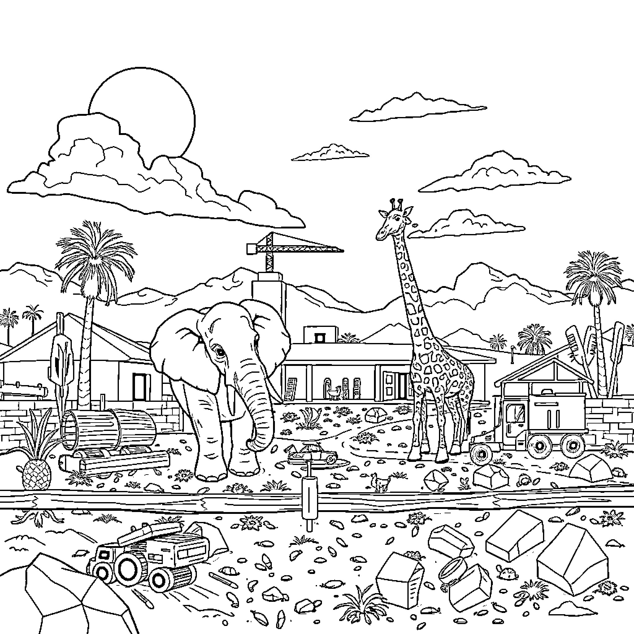 Animal Safari Scene with Diverse Wildlife Coloring Page (free black-and-white line drawing printable PDF for all, from beginners to advanced learners, including children, teens, adults, and seniors)
