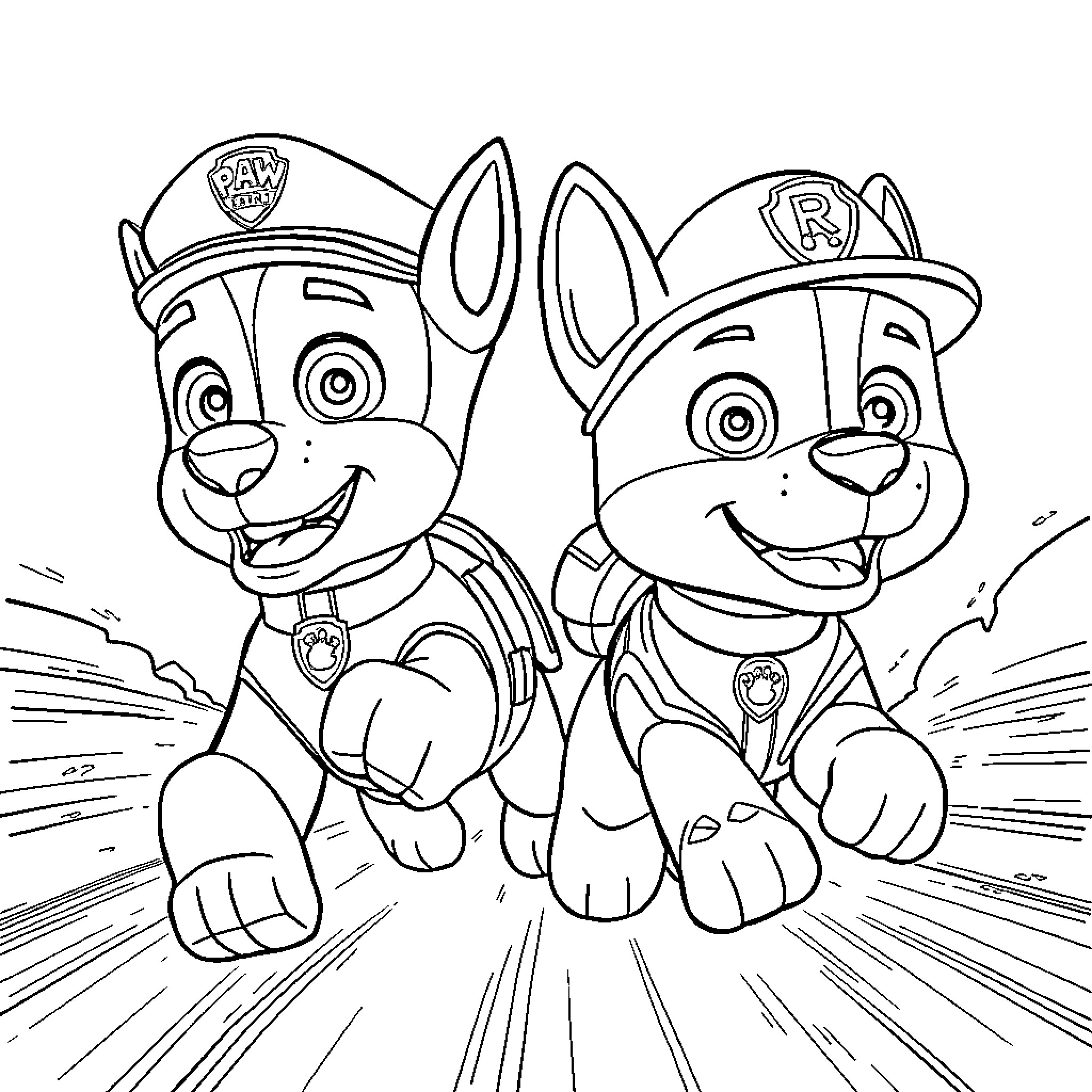 Chase of the Paw Patrol Pups Coloring Page (free black-and-white line drawing printable PDF for all, from beginners to advanced learners, including children, teens, adults, and seniors)