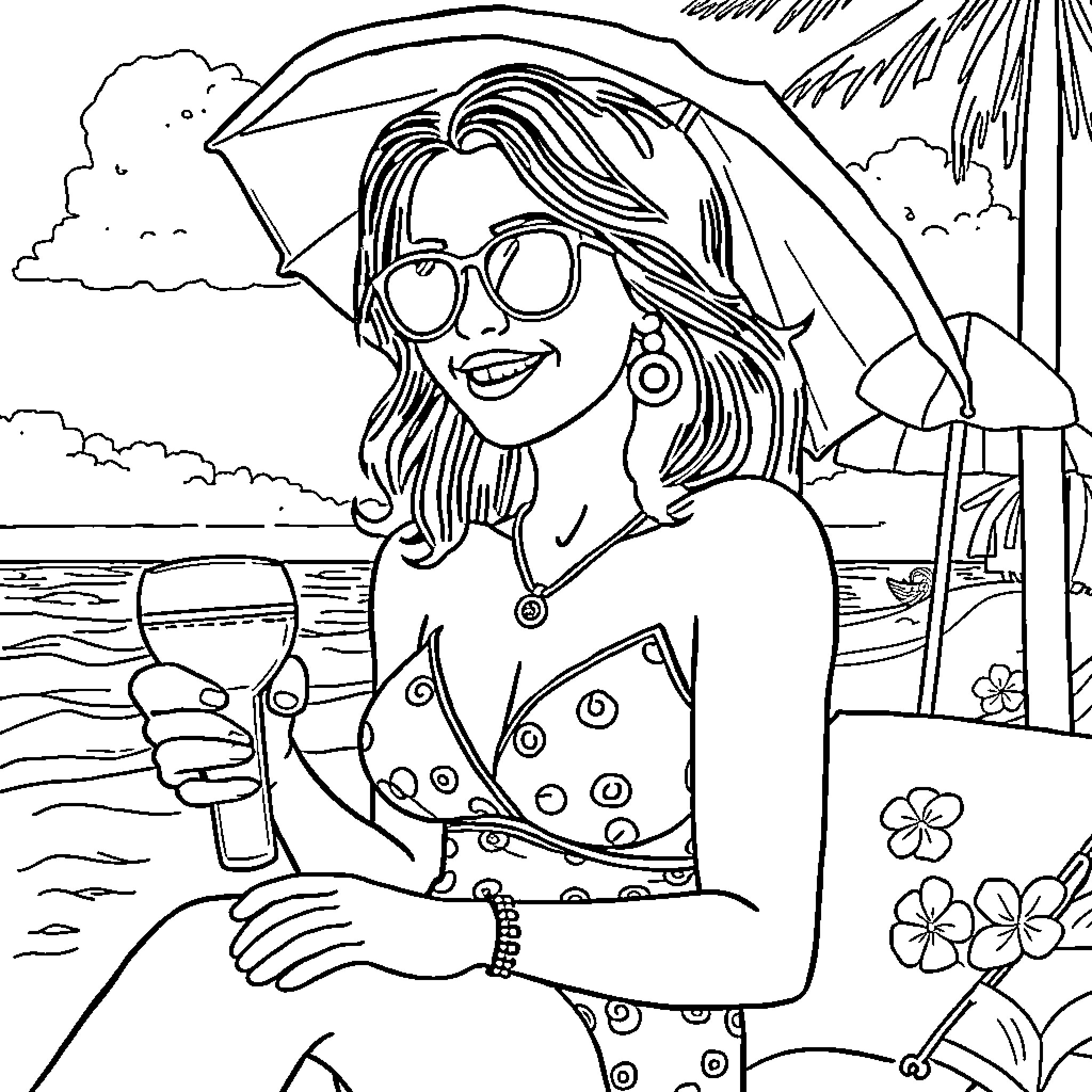 Reina Sofía enjoys a refreshing drink at the beach Coloring Page (free black-and-white line drawing printable PDF for all, from beginners to advanced learners, including children, teens, adults, and seniors)