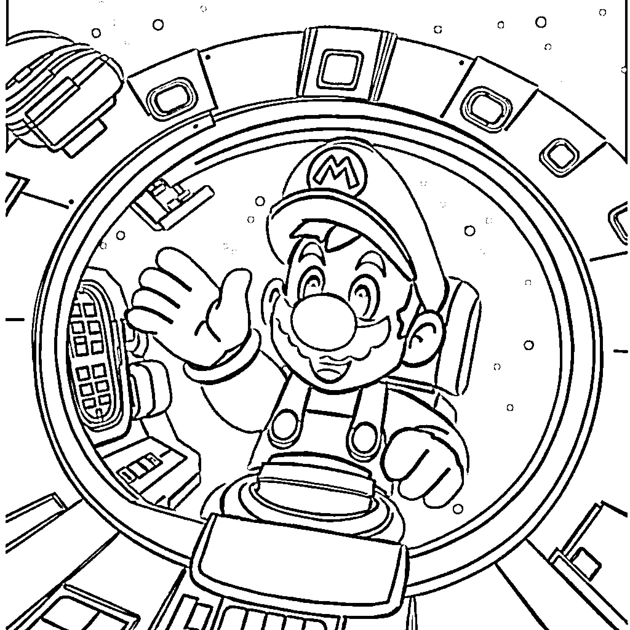 Mario waving in a futuristic video game scene Coloring Page (free black-and-white line drawing printable PDF for all, from beginners to advanced learners, including children, teens, adults, and seniors)