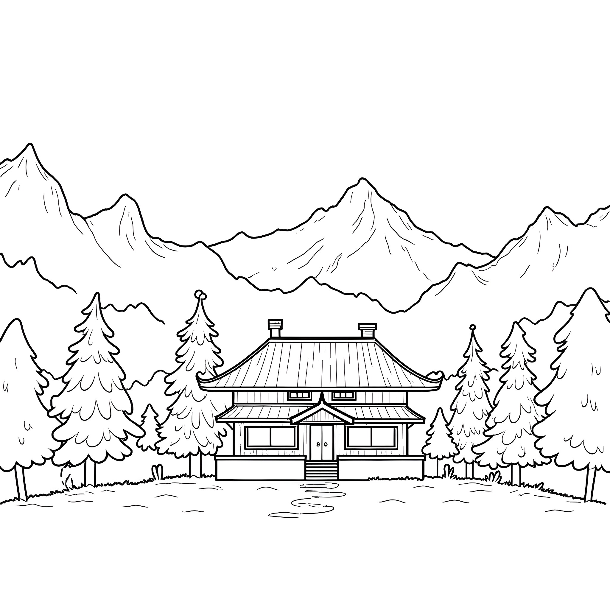 House with mountains and pine trees in background Coloring Page (free black-and-white line drawing printable PDF for all, from beginners to advanced learners, including children, teens, adults, and seniors)