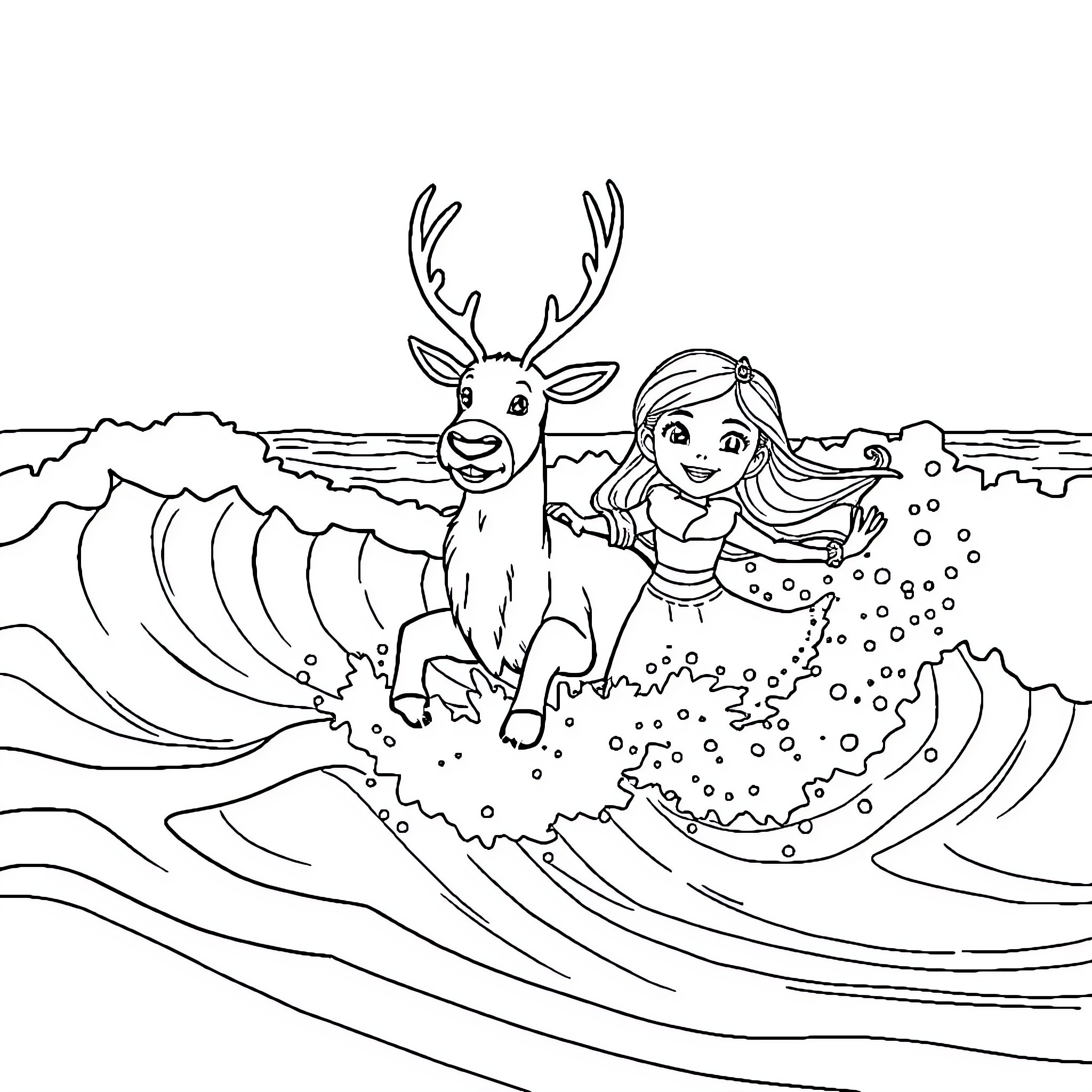 Reindeer and girl playing in the snow Coloring Page (free black-and-white line drawing printable PDF for all, from beginners to advanced learners, including children, teens, adults, and seniors)