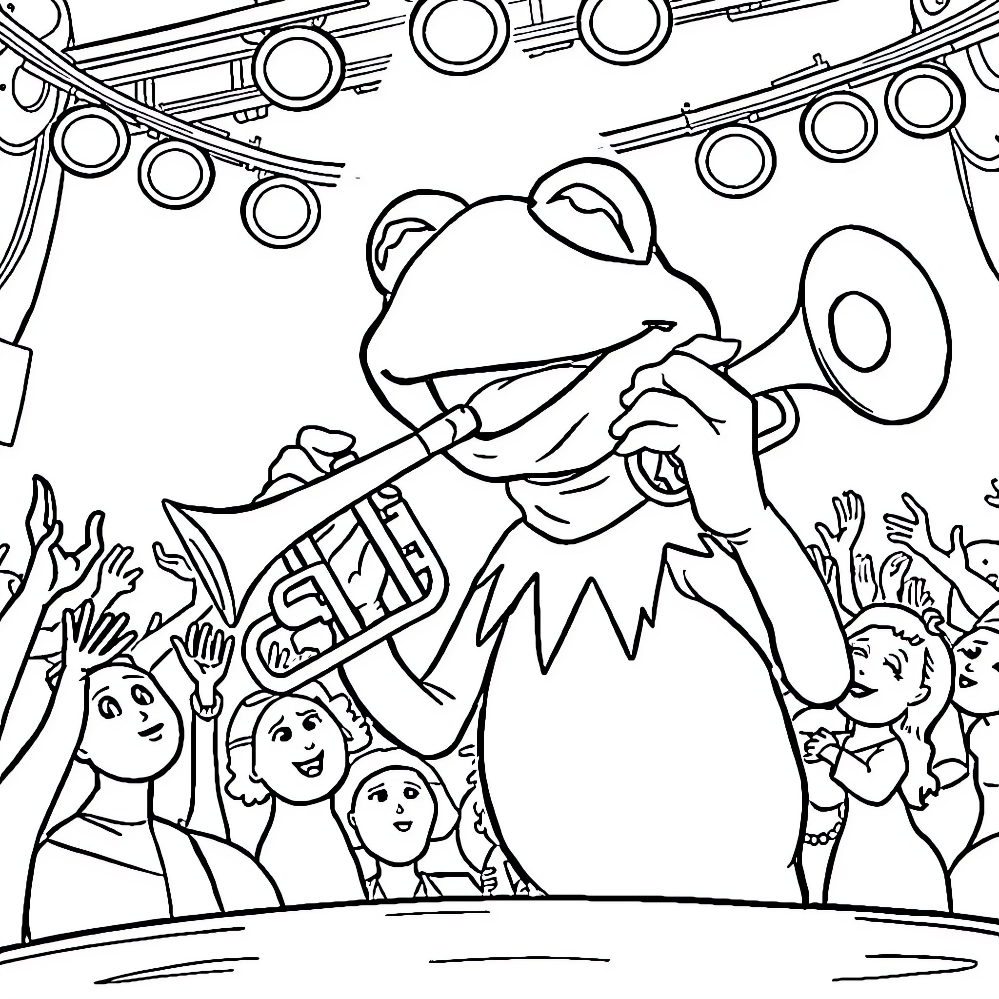 Kermit the Frog performing on stage with a crowd Coloring Page (free black-and-white line drawing printable PDF for all, from beginners to advanced learners, including children, teens, adults, and seniors)
