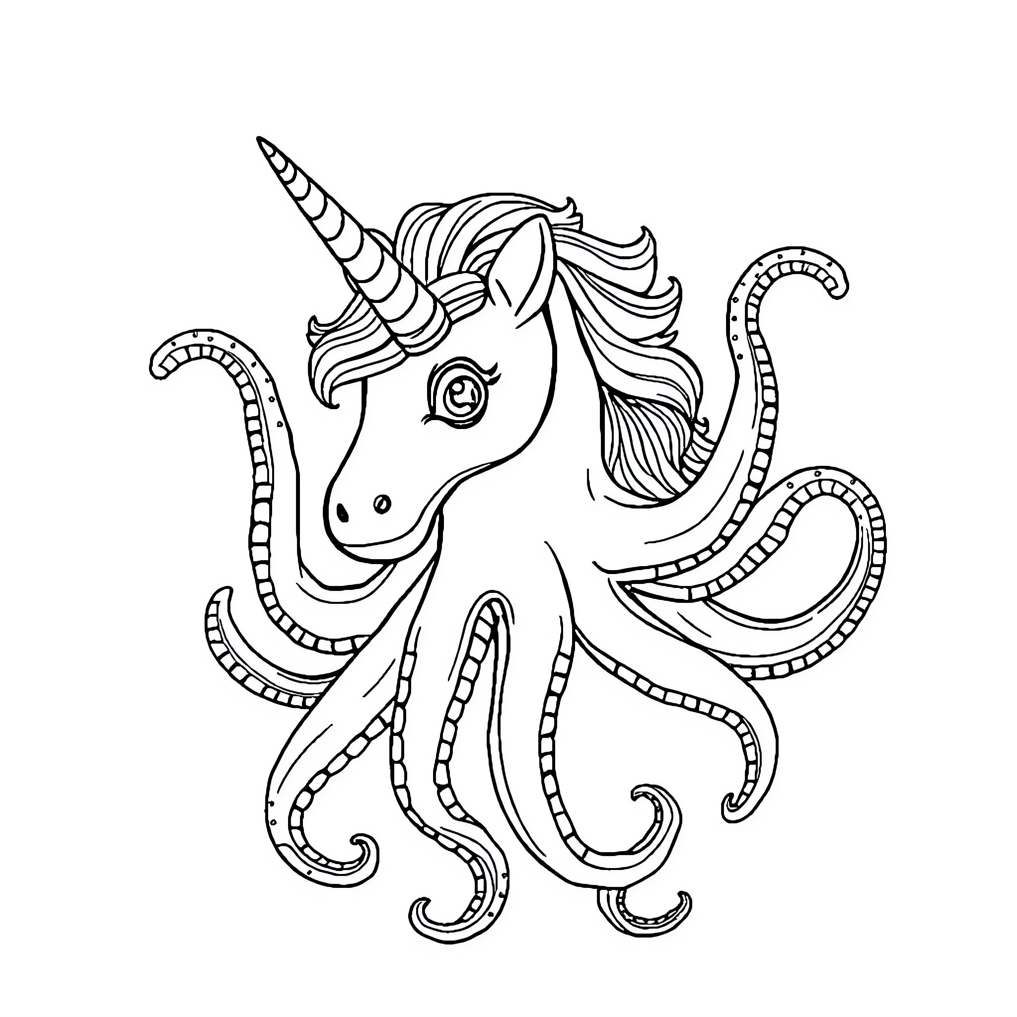 Unicorn Octopus imaginative fusion creature Coloring Page (free black-and-white line drawing printable PDF for all, from beginners to advanced learners, including children, teens, adults, and seniors)